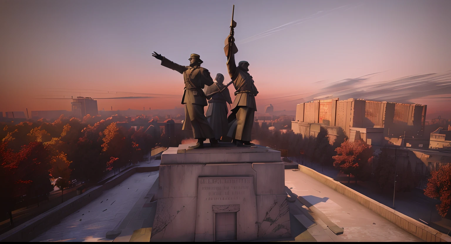 There was a group of Red Army soldiers holding flags and statues of Poposha and Mosin-Nagan, Monument, statue, The Motherland is calling, a statue, Soviet shipyards, socialist realism, sovietwave, Soviet town, French Resistance, Rendered in Lumion, Radiant style in Istanbul, Soviet bus stop, Soviet realism, monumental achievement, triumphant, There are several broken statues, Rendered in Lumion Pro, Communist city