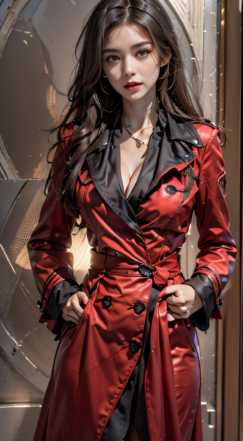 (Full body portrait 1.5)Photorealistic, A high resolution, 1womanl, Solo, Hips up, view the viewer, (Detailed face),Red trench coat,middlebreast:1.1,dress:1.1,Red dark V dress,Left-breasted rose,brunette,Long hair,Look at the lens at a 45-degree angle to the slight side of the face,casino background,Take the poker move