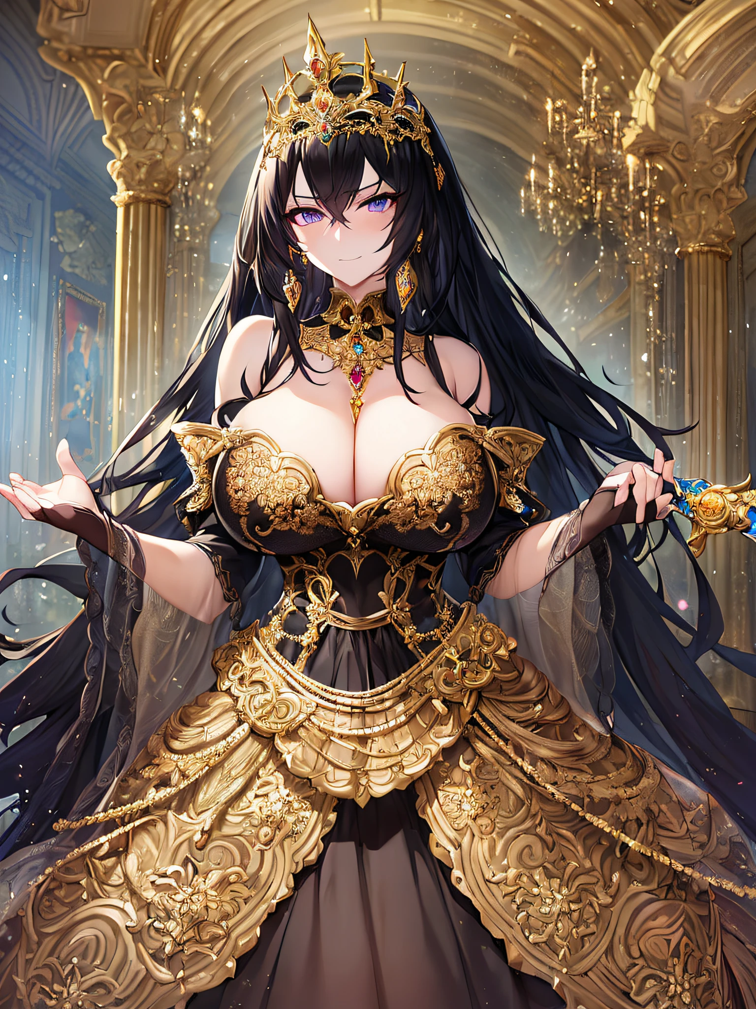 ((anime artstyle)),(Masterpiece),(Best Quality), (Super Detail),((Very Delicate and Beautiful)),(((Solo))),((full body portrait)),((1 arrogant queen in beautiful embroidery black and gold gorgeous rococo princess ballgown with Fluffy full length hoop skirt)),gold trim,((crinoline)),gorgeousfull embroidery,Long train((arrogant,haughty)),(((arrogant smile))),Sharp eyes,(standing in the royal palace,holding a luxurious scepter),sunlight,((gorgeous gemstone jewelry)),detailed face and eyes,jewel-like eyes,Purple eyes,(Bangs between eyes),((large amount of straight hair,extremely Long voluminous black Hair)),((gigantic tits,Long tits)),gorgeousfull embroidery,cleavage,extremely gorgeousfull hair ornament,(bling-bling extremely gorgeousfull jeweled tiara),gorgeous corsage,(Dynamic Angle),Looking at viewer,(full body)),((beautiful embroidery black and gold gorgeous rococo princess ballgown with Fluffy full length hoop skirt))