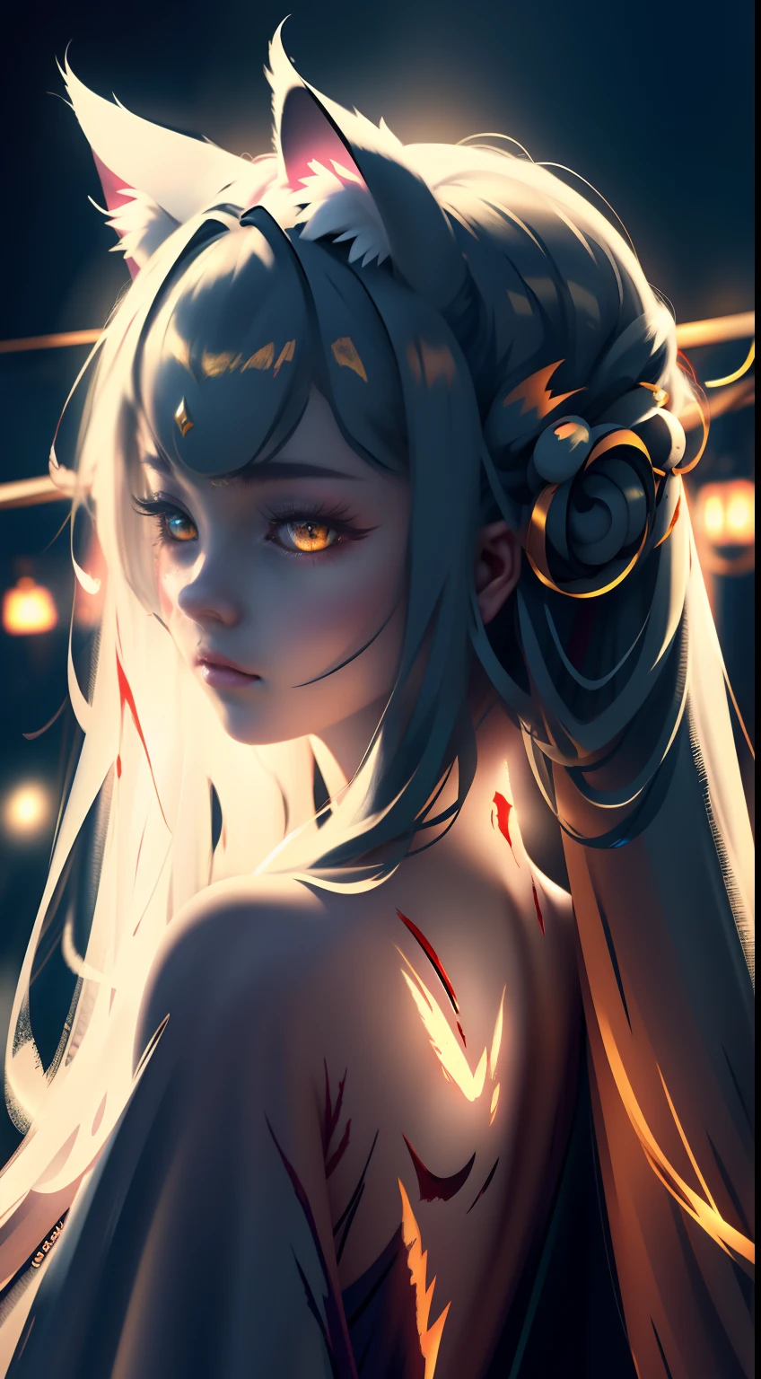 s girl,Cat demon,(Cat ears),long whitr hair,Glowing eyes,luminous hair,facing away from the audience,There is a scar on the back,blood stain,((Detailed close-up of the face)),,(Light silk),(Glazed tulle),(Subtle warm light),(richcolors),Movie special effects,Lazy,Blood,Freehand masterpiece,ultra - detailed,Epic composition,high qulity,HighestQuali,4K。