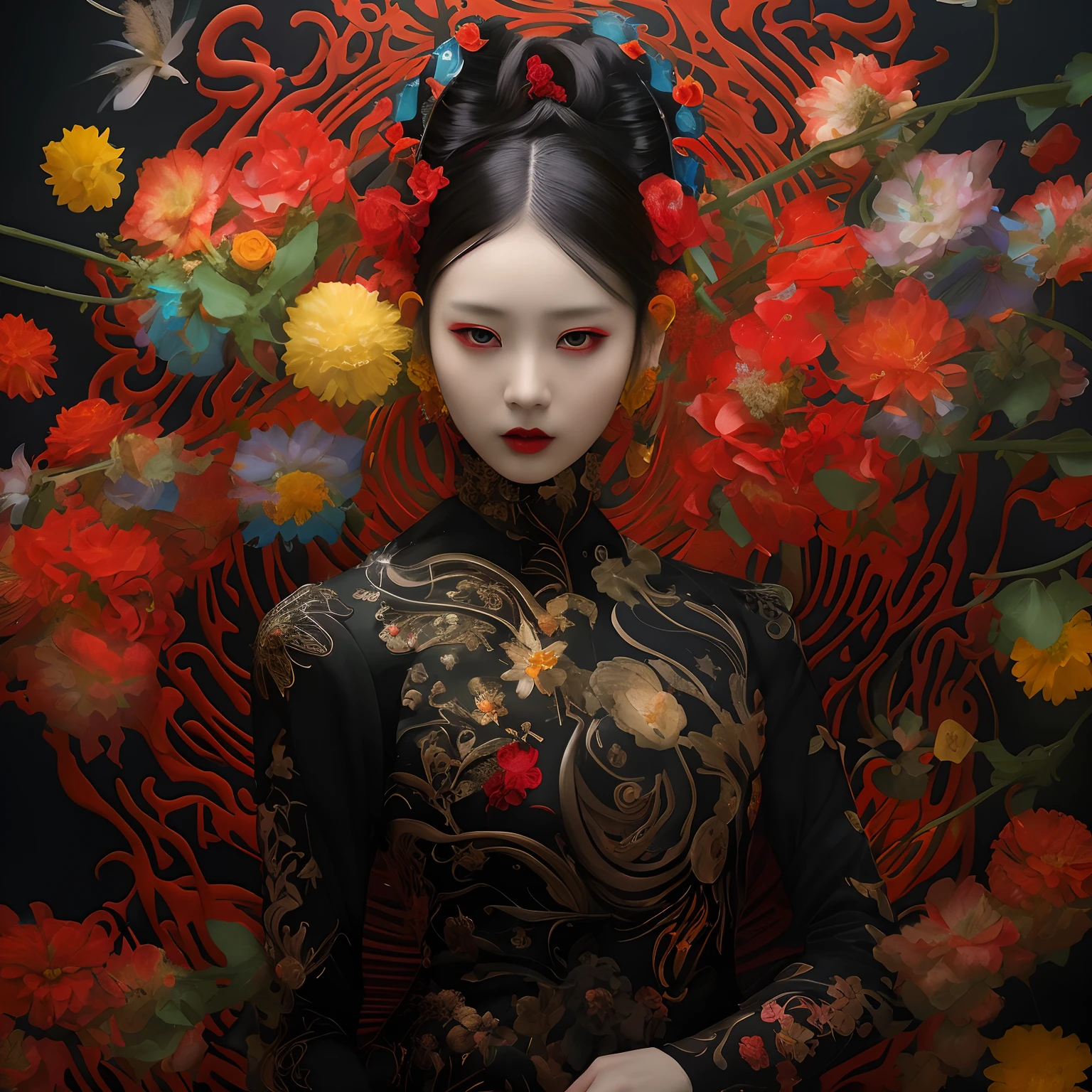 Ala Fed woman in black dress on red and yellow flower background, jingna zhang, natalie shau tom bagshaw, flower storm portrait, inspired by Jin Nong, portrait shot, by Yu Zhiding, inspired by Yanjun Cheng, james jean and wlop, beautiful digital works of art, By Russell Dongjun Lu, inspired by Xie Huan