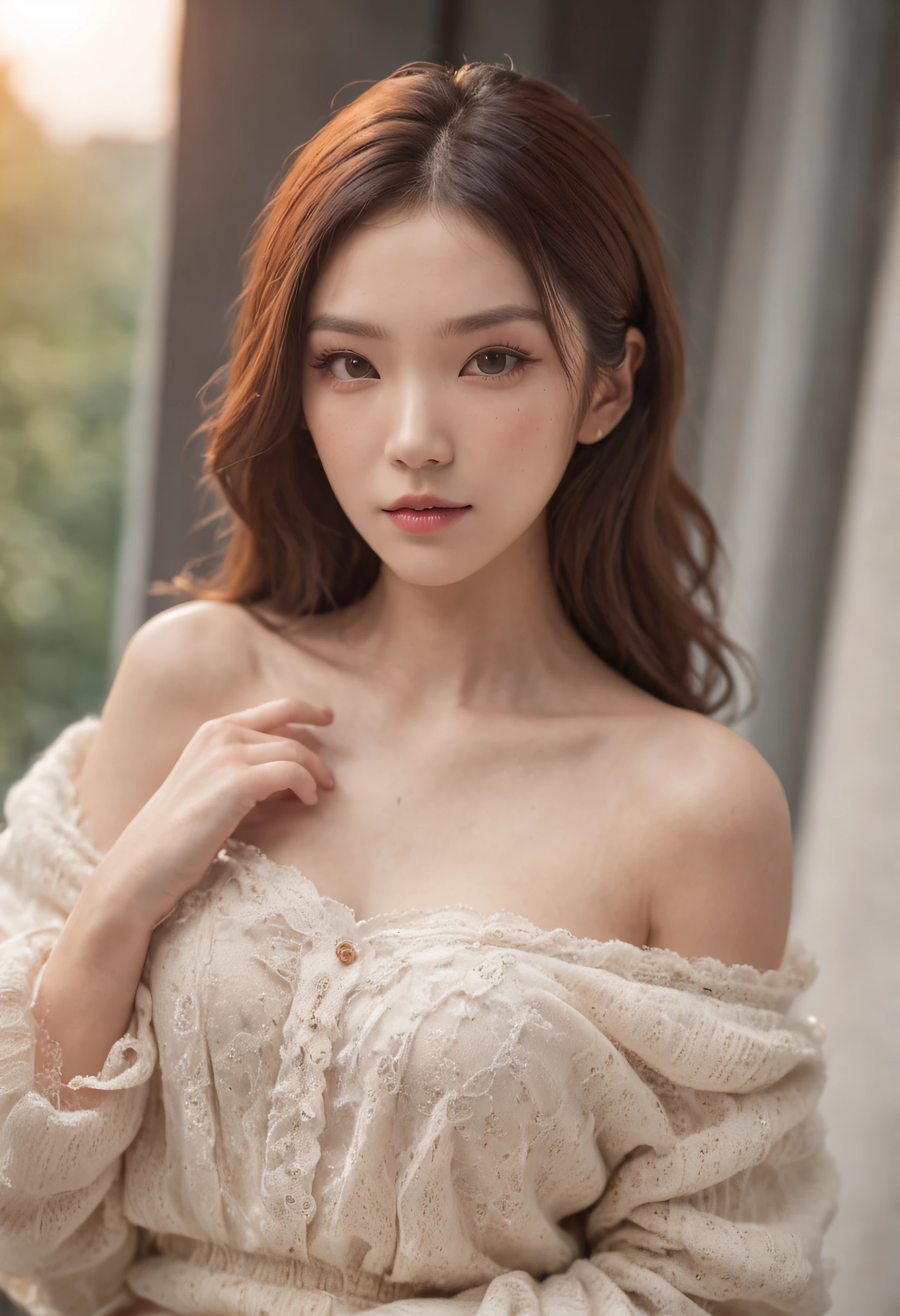 best quality ,masterpiece,ultra high res,(photo realistic:1.4), 1 girl, looking at viewer, Wearing oversized off-shoulder knit over lingerie, korean famous actress, very beautiful,kawaii, Cinematic, 35mm lens, f/ 1. 8, accent lighting, 8k, at luxury hotel