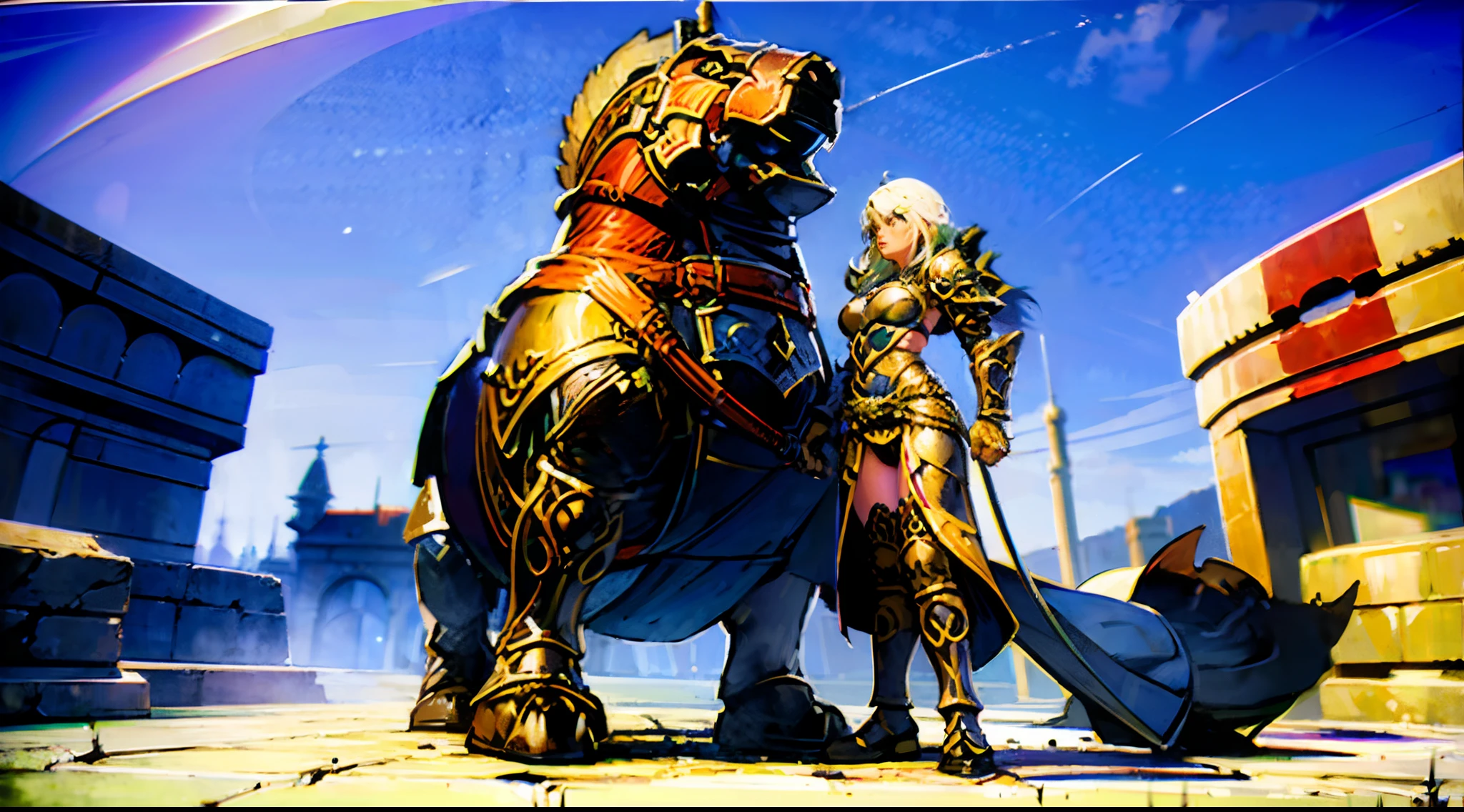 Use Midjourney's advanced brush tools、Color palettes and texture packs，We are the skin of royal noble knights、Costumes and weapons give intricate textures，Added realism。Her clothing and armor are a fusion of different materials，Show a variety of styles，From full-body heavy armor to ornate decorations to joint armor and hand and foot armor，Full of classical aristocratic style。The whole scene is also full of knightly elements，Like a scene from Celtic mythology。The posture of the royal noble knight is majestic and dignified。Through Midjourney's powerful tools，We approach it with incredible detail，Bring this majestic and noble scene to life。The whole illustration is full of realism and shock，It is a work of masterpiece quality and the best texture。full depth of fields，Full body photo， hdr，（真实感，Masterpiece quality，best qualtiy），