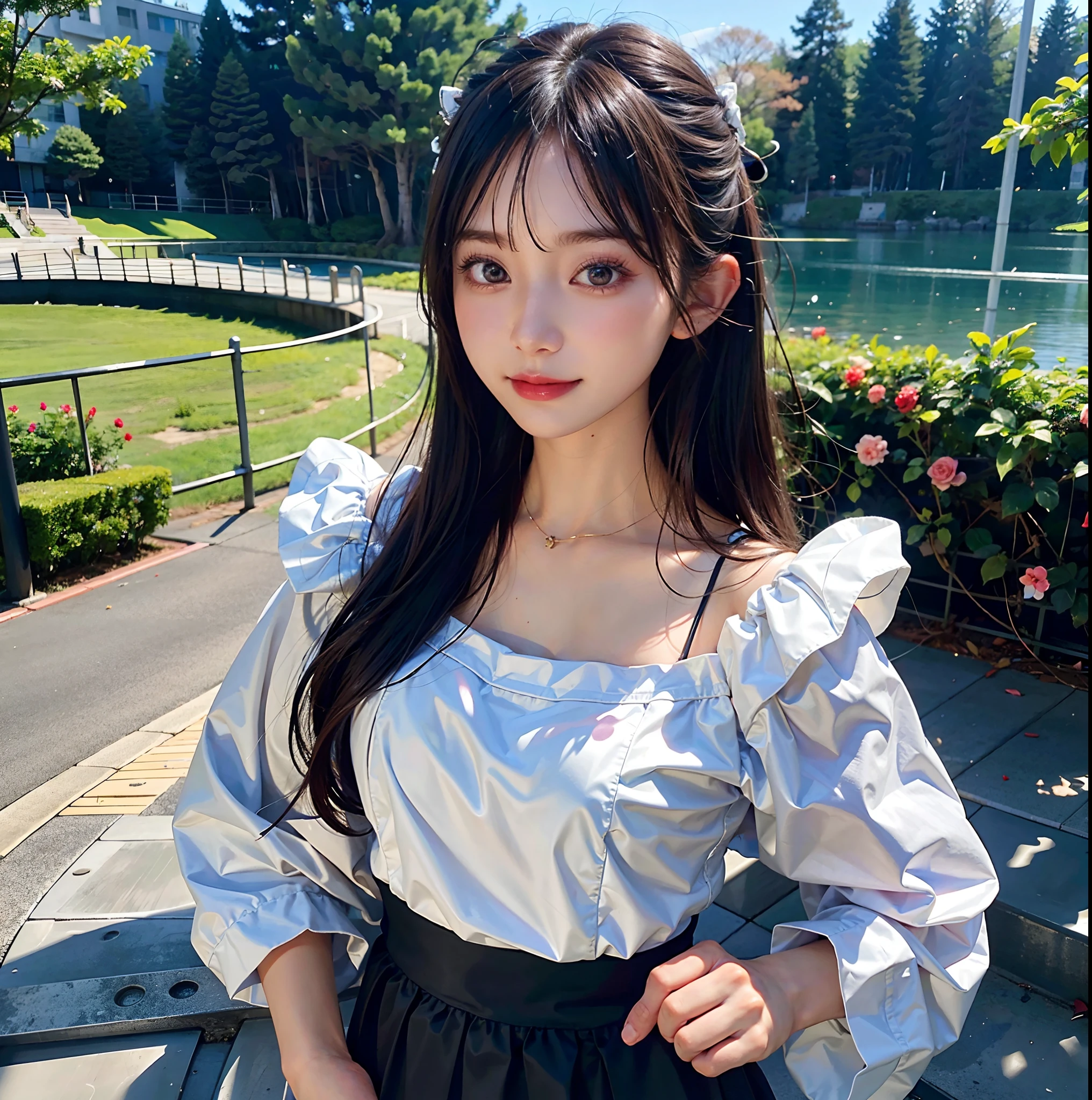 (RAW Photography:1.2)、top-quality、a beautiful detailed girl、onepiece、a smile、A dark-haired、Twin-tailed、extremely detailed eye and face、beatiful detailed eyes、huge filesize、hight resolution、hight resolution、8k wallpaper、finely detail、Light on the face、电影灯光、16-year-old girl、frombelow、super detailing、​masterpiece、Walk in the park