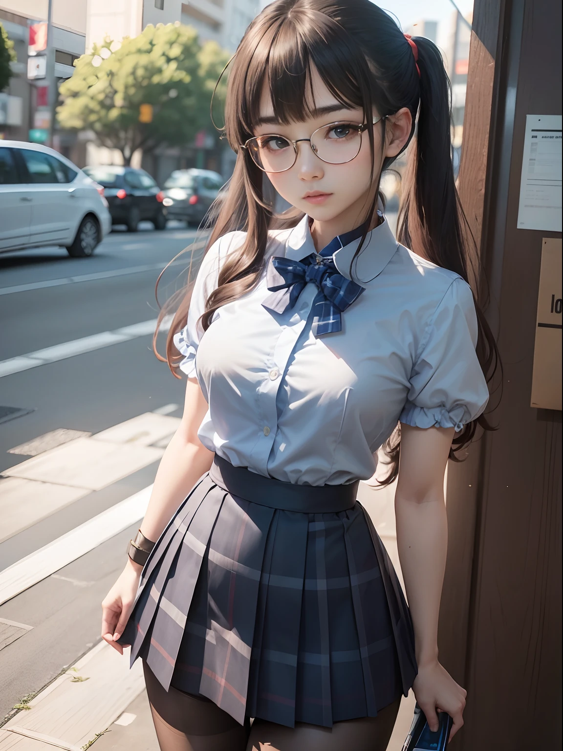 elvish,(8K、Raw photography、top-quality、masterpiece:1.2),watching at viewers,Looking at the front,short twintails,Bullish,Muchimuchi,Erotic,Pupils,Light Blue Bra,de pele branca,kne,(Black pantyhose),absurderes,a small face,small tits,flat breast,Parting the bangs from the middle、Forehead visible,(be shy,Tight eyes,glares,Bullish,skinny,Rasping,irate)、masterpiece,top-quality、超A high resolution,Raw photo,ren,Beautiful fece,One Person, 独奏,eye glass,,Dark look,Small breasts,fullllbody,Round glasses、cute little、Back to Student,JK school uniform,hi-school girl,A Japanese Lady,is standing,(Photorealsitic:1.37)、Photon mapping,Realistic、Cute little face,Brown-eyed、Black socks、(Red bow tie)、Radio City、Physically Based Rendering、Foreground、depth of fields、Blurry background、a picture,The girls、Body,beauty legs, Long legs, Thin leg,Tie your hair into one strand on your chest,(Bangs are visible), hair, s lips, Blue_The eye, nosesoft,(Light blue shirt), (Navy and blue and white plaid pleated skirt), Knees are visible,Sheer clothing,, Thigh, Black cotton socks,Nogizaka Idol, 女優, Japanese ido