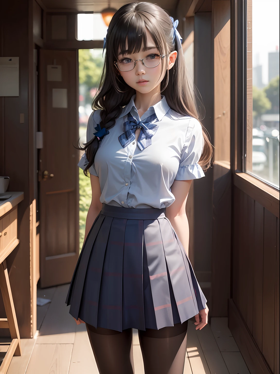 elvish,(8K、Raw photography、top-quality、masterpiece:1.2),watching at viewers,Looking at the front,short twintails,Bullish,Muchimuchi,Erotic,Pupils,Light Blue Bra,de pele branca,kne,(Black pantyhose),absurderes,a small face,small tits,flat breast,Parting the bangs from the middle、Forehead visible,(be shy,Tight eyes,glares,Bullish,skinny,Rasping,irate)、masterpiece,top-quality、超A high resolution,Raw photo,ren,Beautiful fece,One Person, 独奏,eye glass,,Dark look,Small breasts,fullllbody,Round glasses、cute little、Back to Student,JK school uniform,hi-school girl,A Japanese Lady,is standing,(Photorealsitic:1.37)、Photon mapping,Realistic、Cute little face,Brown-eyed、Black socks、(Red bow tie)、Radio City、Physically Based Rendering、Foreground、depth of fields、Blurry background、a picture,The girls、Body,beauty legs, Long legs, Thin leg,Tie your hair into one strand on your chest,(Bangs are visible), hair, s lips, Blue_The eye, nosesoft,(Light blue shirt), (Navy and blue and white plaid pleated skirt), Knees are visible,Sheer clothing,, Thigh, Black cotton socks,Nogizaka Idol, 女優, Japanese ido