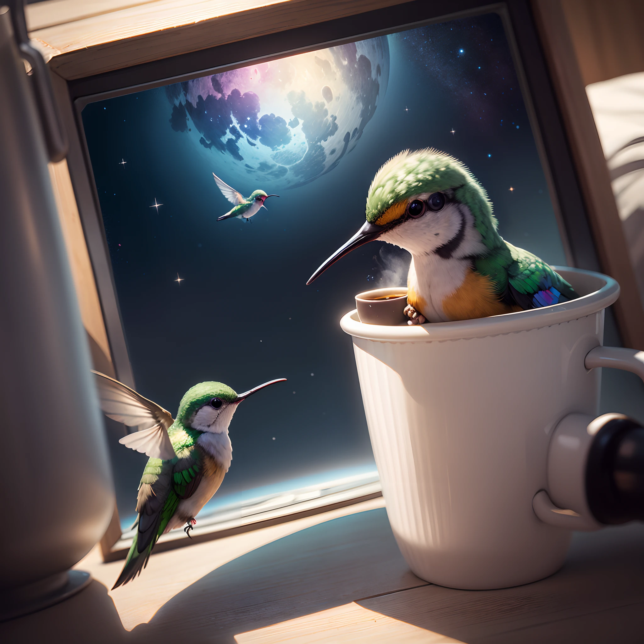 A hummingbird drinking coffee in space