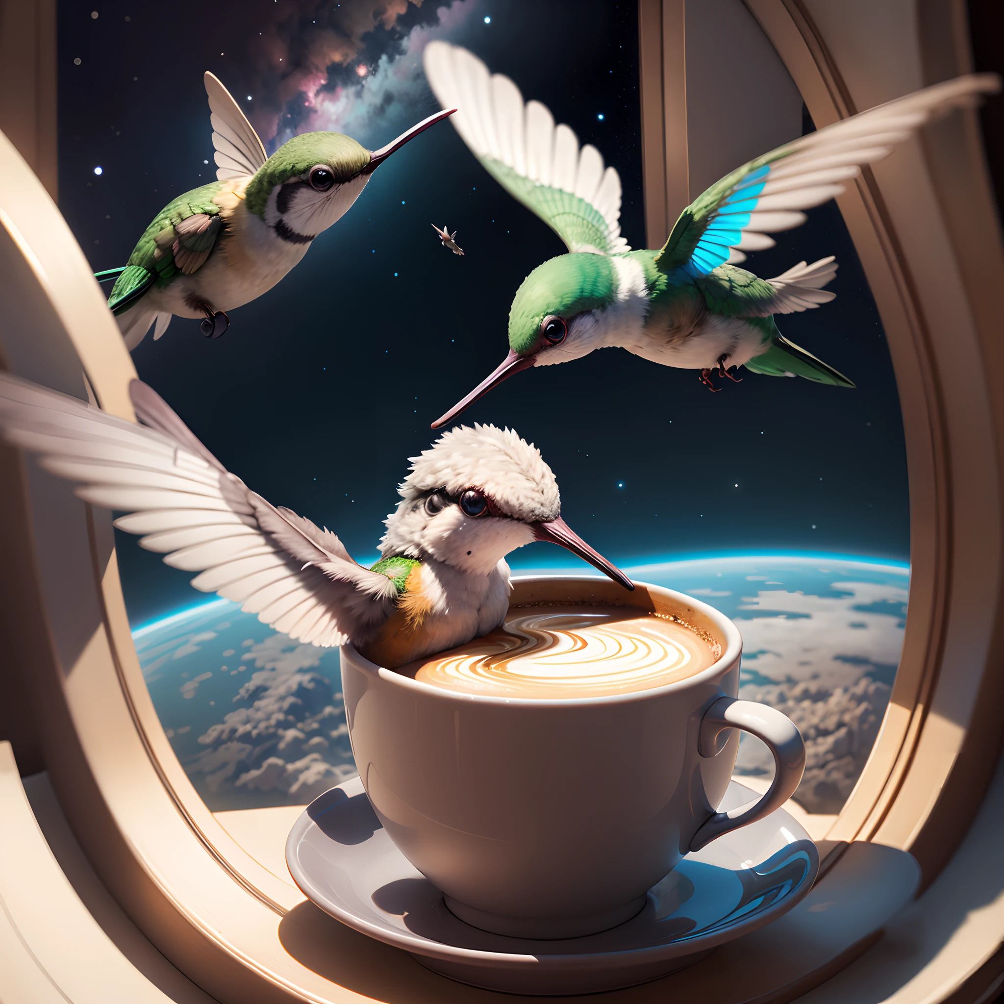 A hummingbird drinking coffee in space
