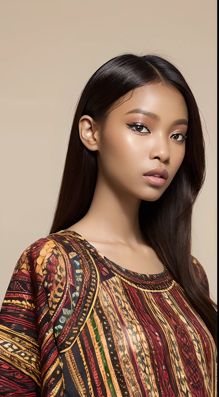 one African model ,Unique details, virtual fashion, Near future, Curvilinear details , double eyelid, simple background