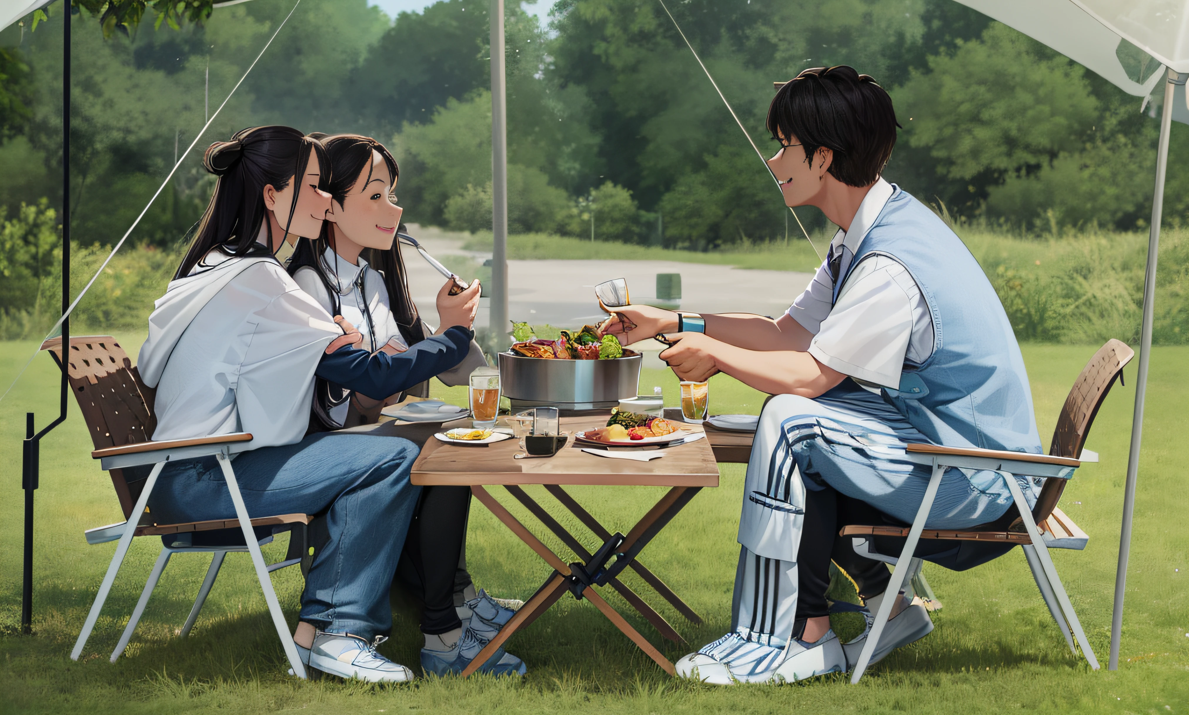 There were two or two people sitting at a table,Food was placed on the table, Al fresco dining, Happy moments, illustration, a cartoon illustration, with blue sky and white clouds, Moments of joy, Pick-up, Scene from Movie, still frame from a movie