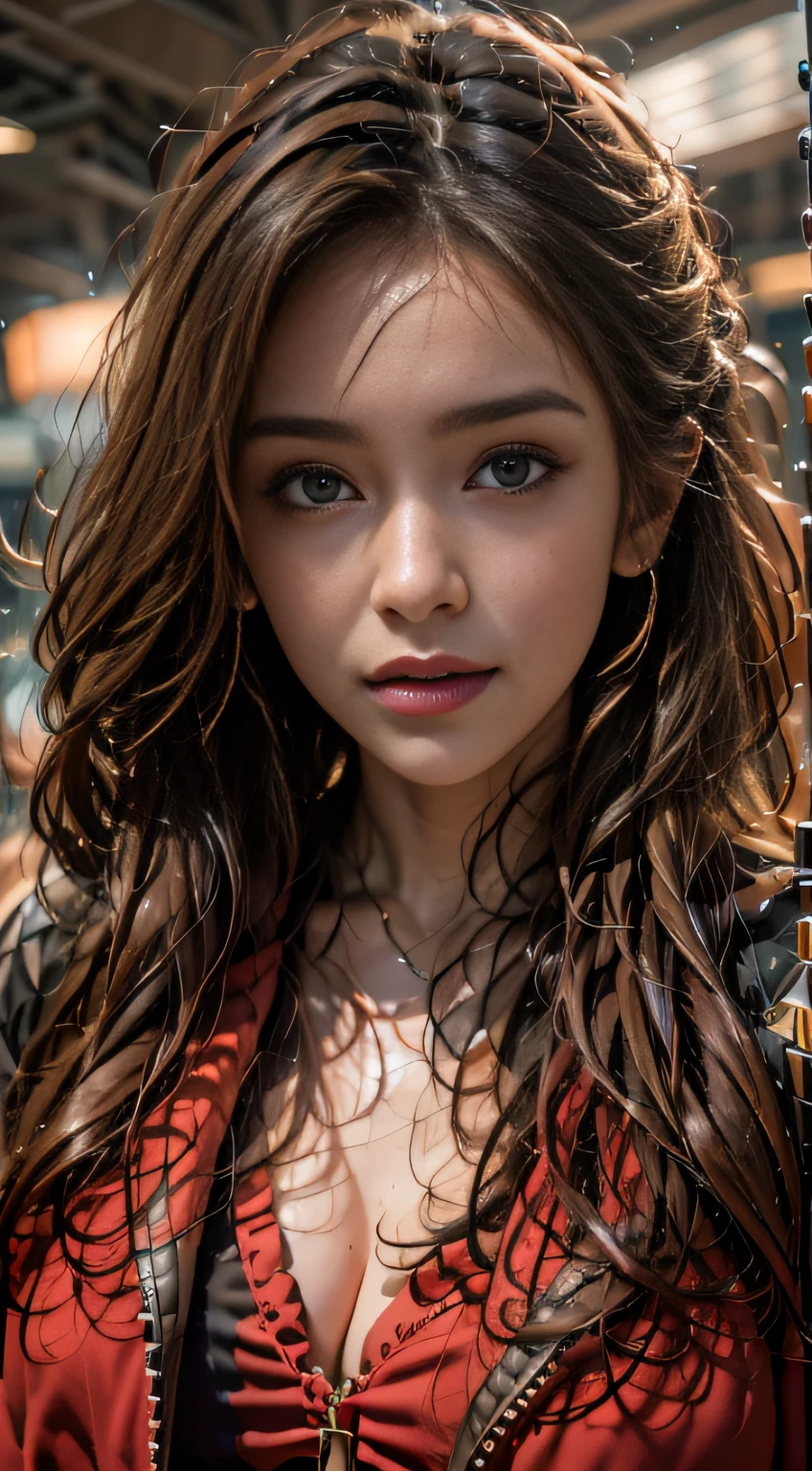 Photorealistic, A high resolution, 1womanl, Solo, Hips up, view the viewer, (Detailed face),Red trench coat,middlebreast:1.1,dress:1.1,Red dark V dress,Left-breasted rose,brunette,Long hair,Look at the lens at a 45-degree angle to the slight side of the face,casino background,Take the poker move
