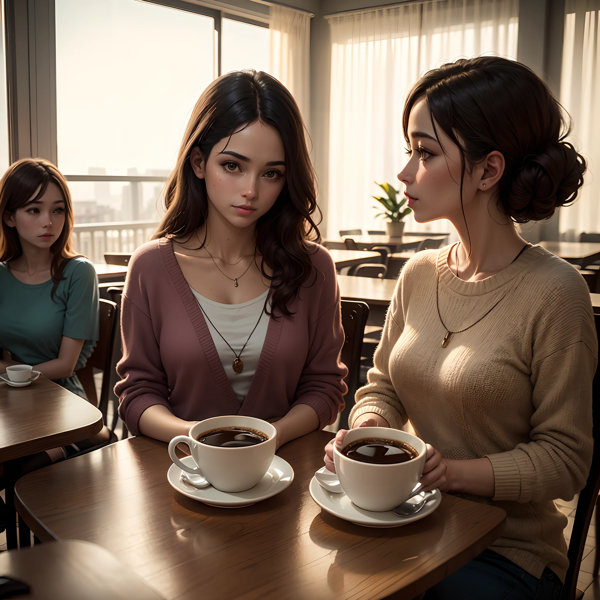 A group of friends gather in a cozy coffee shop. They are in an environment illuminated by natural light filtered through the curtains. Eles conversam na falsas idade, com cara de nojo um para o outro, It's a totally false friendship, each person has a unique style, reflected in your clothes and accessories. 

The decoration of the cafeteria is cozy, with cups of coffee. The soft lighting creates a pleasant and inviting atmosphere.  The image is ultra-realistic and features high definition.