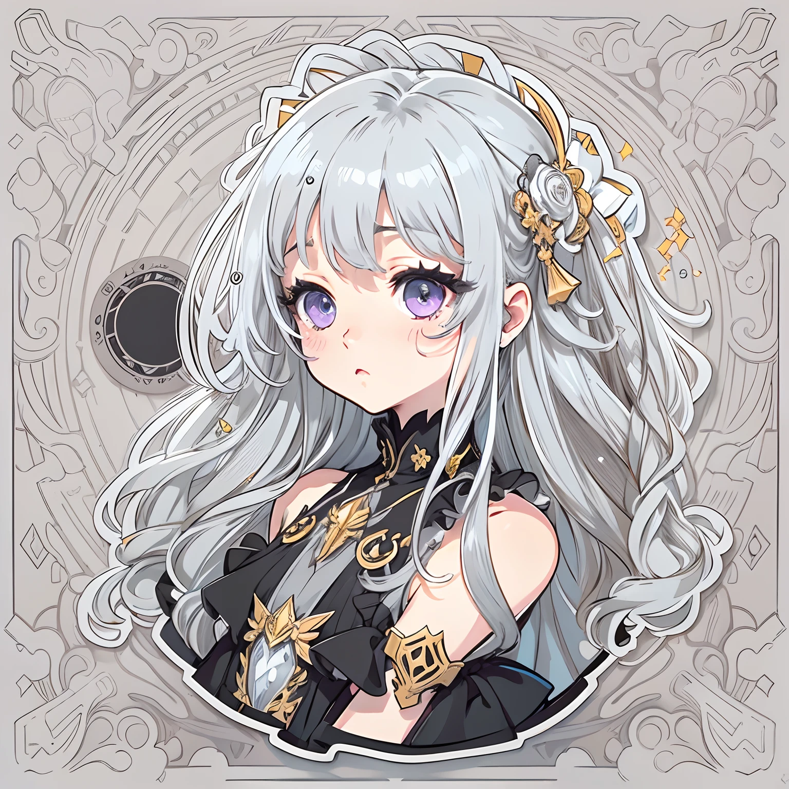 Sticker, Cute anime girl head, long layered silvery white hair,Light purple eyes，Black dress，Colorful pigments，Black princess dress，in circle, White background, Gold border，Simple, Ultra detailed, Detailed drawing, vectorised, Silhouette, 8K, professional sticker design, Flat design, Vector lines, Sticker, Drawing, Drawing, Full-HD
