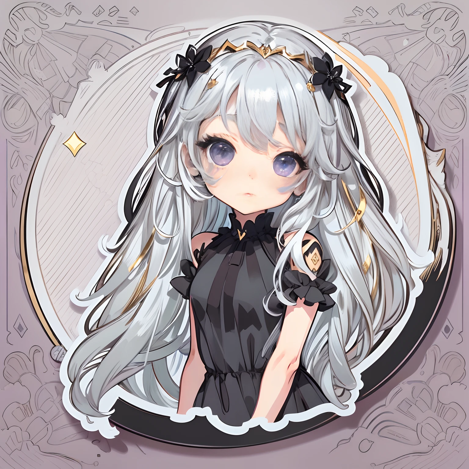 Sticker, Cute anime girl head, long layered silvery white hair,Light purple eyes,Black dress,Colorful pigments,Black princess dress,in circle, White background, Gold border,Simple, Ultra detailed, Detailed drawing, vectorised, Silhouette, 8K, professional sticker design, Flat design, Vector lines, Sticker, Drawing, Drawing, Full-HD