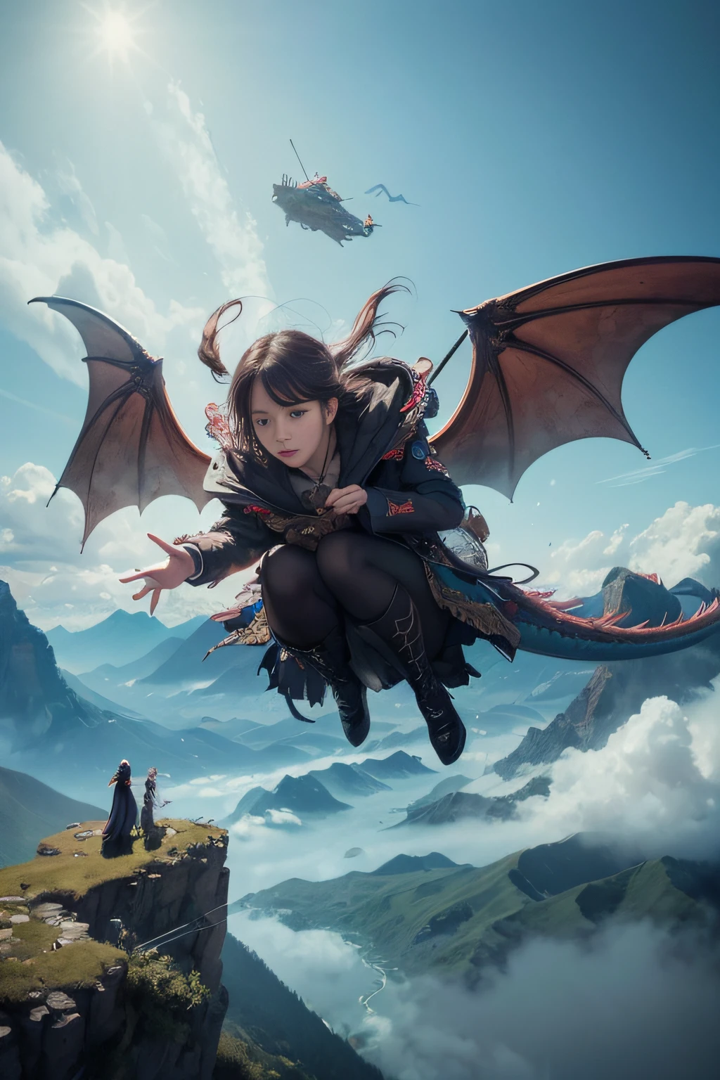 (light_smile:1.2),Viola、mountain ranges、The dragon、Near future、ciber、sea of clouds、the morning sun、wanting、grand、(1womanl:1.2),Giant Swing、Fly over the mountains,)devastated,Shining Weapon,Dynamic Angle, Splash Art, [(Art Book: Art Book: Art Book. Art Book.:0.8)|Art by Lyubov Popova], Octane Render, Official art, Unity 8K Official Art, Unity 8k壁纸, ultra-detailliert, Beautiful and aesthetic, (Zentangle, mandalas, Tangle, Entangle), Extremely detailed, Dynamic Angle, cowboyshot, Most Beautiful Form of Chaos, Elegant, a brutalist designed, vivd colour, romanticism, by james jean, roby dwi antono, by Ross Tran, Francis Bacon, michal mraz, Adrian Ghenny, petra cortright, Gerhard Richter, Takato Yamamoto, Ashley Wood, Atmospheric, ecstasy of musical notes, streaming musical notes visible,Sun Knight,