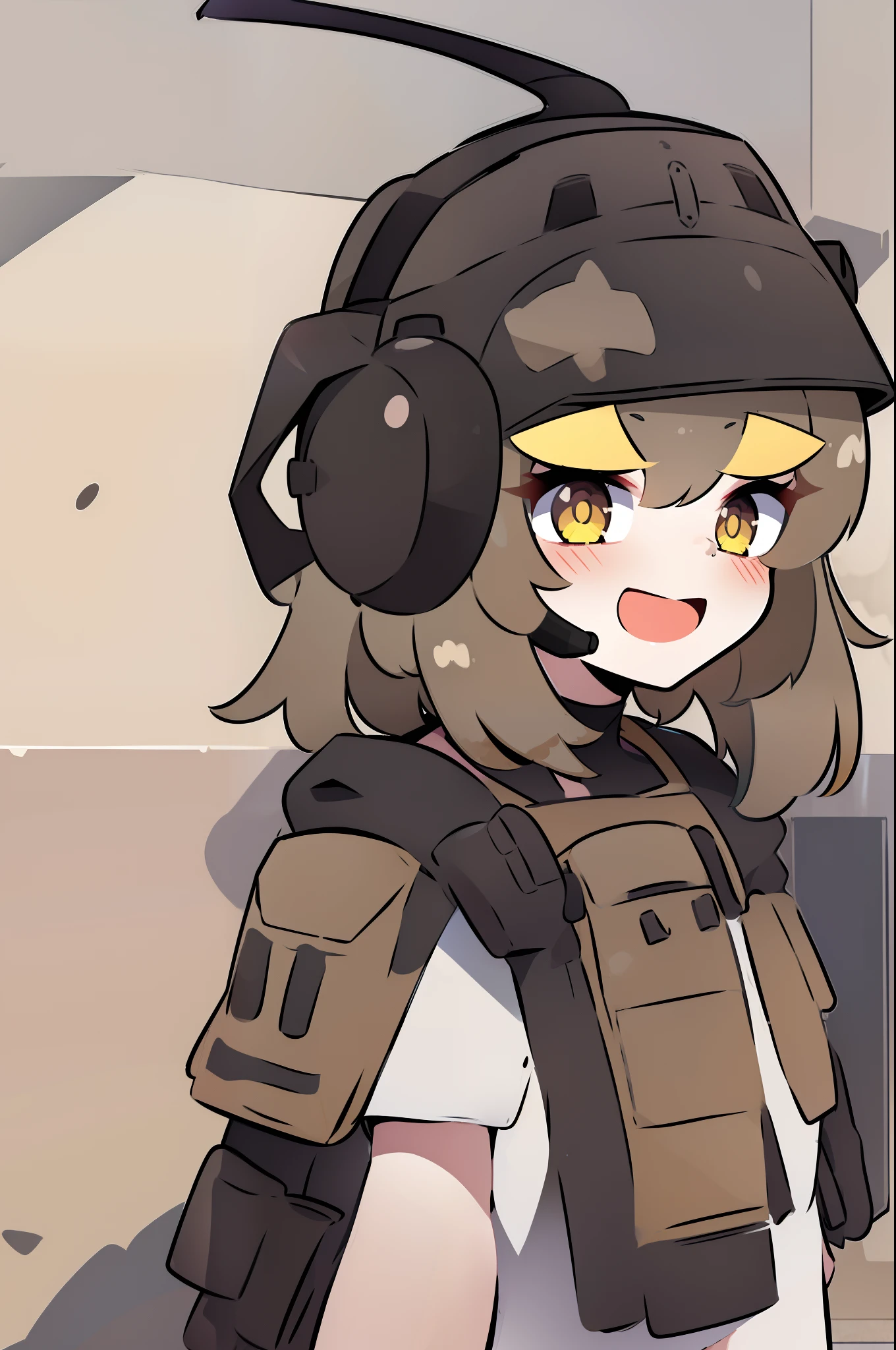 1girl, desert camo helmet, tactical helmet, raised goggles, desert camo, tactical black railed headset, black long messy hair, black hair, white plain tshirt, armored, desert tactical vest, desert camo armor pads, desert camo handgun holster, beige slippers, yellow eyes, smile, happy, excited, small, kawaii, cute, white tee shirt, tshirt