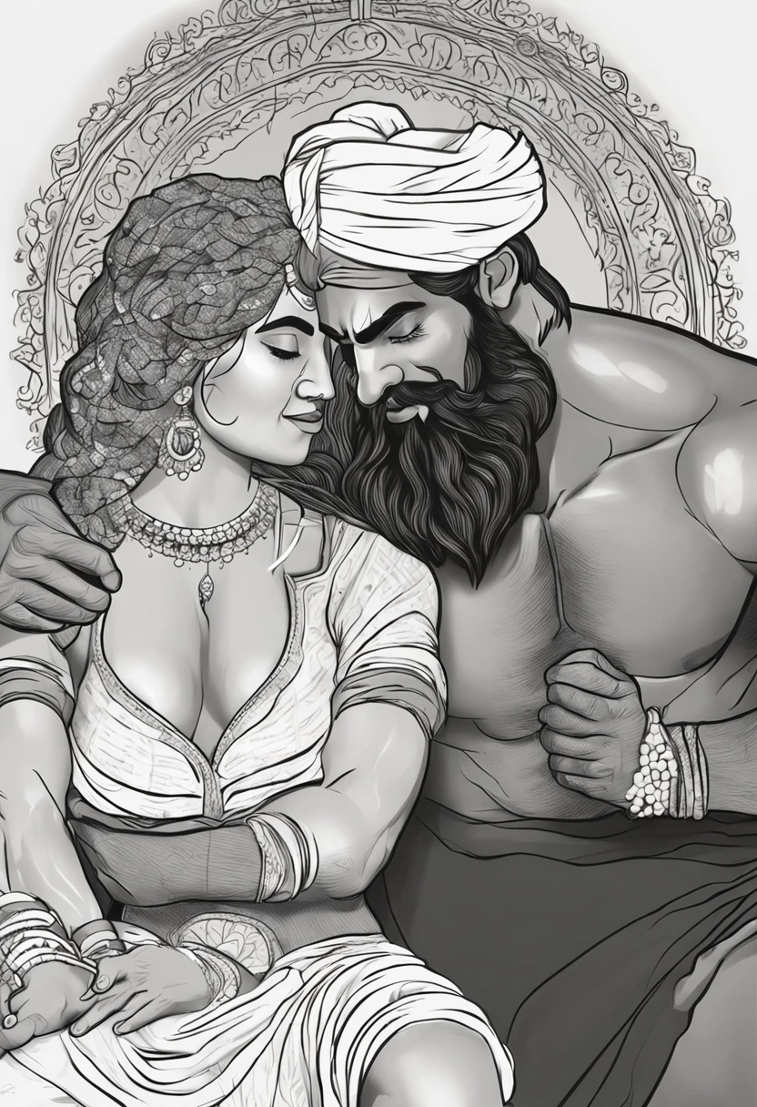 Illustrate a photorealistic, high-resolution image portraying the tender and passionate connection between two powerful, hairy Sikh bodybuilders. They are in a serene, dimly lit space, perhaps an intimate room with traditional Punjabi motifs and ambient candles. The larger setting remains soft-focused, allowing their interaction to take center stage. One bodybuilder, with a warm, trusting gaze, cradles the face of the other, while the second bodybuilder leans into the touch, eyes closed, feeling the moment. Their impressive physiques, adorned only in traditional, draped fabric, reveal not only their commitment to their sport but also the raw vulnerability of the moment. The scene captures the interplay of strength and sensitivity, masculinity and emotion. Use the Nikon D850 with an EE 70mm lens to capture this image, ensuring every detail, from their expressions to the fall of the fabric, is in hyper-detailed clarity.