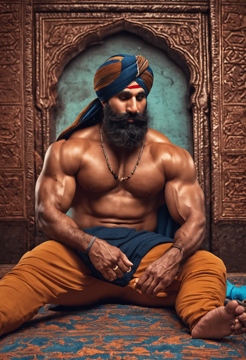 Illustrate a photorealistic, high-resolution image portraying the tender and passionate connection between two powerful, hairy Sikh bodybuilders. They are in a serene, dimly lit space, perhaps an intimate room with traditional Punjabi motifs and ambient candles. The larger setting remains soft-focused, allowing their interaction to take center stage. One bodybuilder, with a warm, trusting gaze, cradles the face of the other, while the second bodybuilder leans into the touch, eyes closed, feeling the moment. Their impressive physiques, adorned only in traditional, draped fabric, reveal not only their commitment to their sport but also the raw vulnerability of the moment. The scene captures the interplay of strength and sensitivity, masculinity and emotion. Use the Nikon D850 with an EE 70mm lens to capture this image, ensuring every detail, from their expressions to the fall of the fabric, is in hyper-detailed clarity.