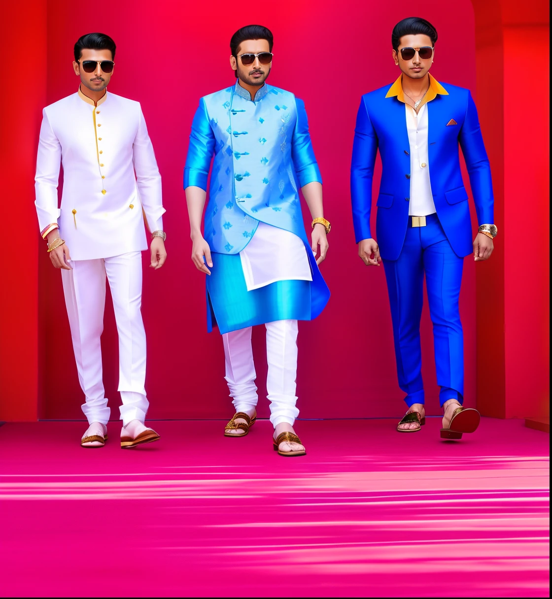 three men in suits and sunglasses standing next to each other, dressed in a jodhpuri suit, jayison devadas style, stylish pose, full body photgraph, wearing a kurta, full body photogenic shot, in style of neodada, full body photoshoot, full body shoot, dressed with fluent clothes, indian style, with fluent cloths