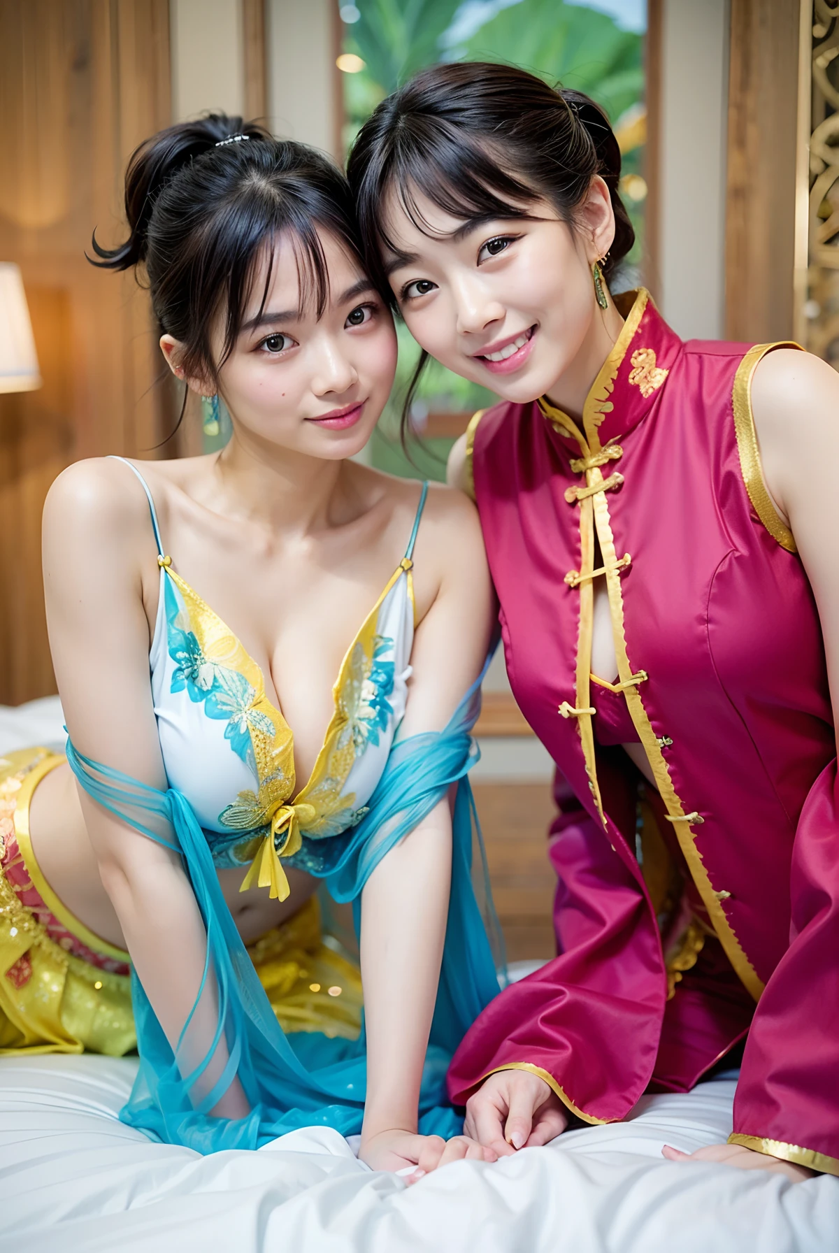 Multiple beauties touching each other, Light clothes, Sleeveless, Two women posing on bed for a photo, Surreal full-body figure, Beautiful and detailed body and face, gorgeous figure, pony tails, Clear, Smile, Moaning, Tease, Surreal full body body, Beautiful and detailed body and face, Extra-long viewing angle, Fair skin, Bright colors, Asian,Blurry, Chinese clothing underwear
