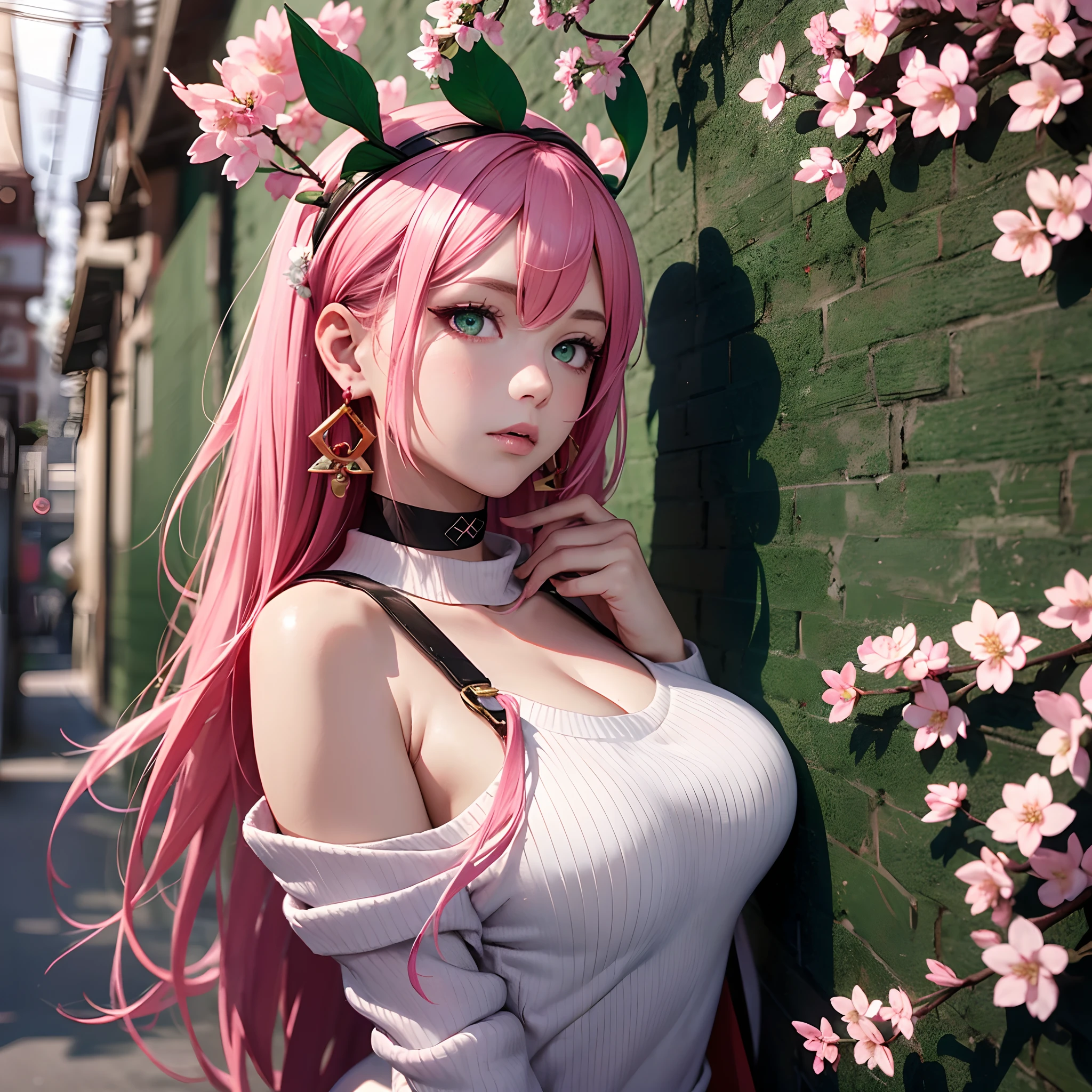 (Masterpiece, Excellent, 1girl, solo, complex details, color difference), realism, ((medium breath)), off-the-shoulders, big breasts, sexy, Yae Miko, long pink hair, red headdress, red highlight, hair above one eye, green eyes, earrings, sharp eyes, perfectly symmetrical figure, choker, neon shirt, open jacket, turtleneck sweater, against the wall, brick wall, graffiti, dim lighting, alley, looking at the audience, ((mean, seductive, charming)), ((cherry blossom background ))),((Japanese temple background)))), (((Glow-in-the-dark background))) --auto --s2