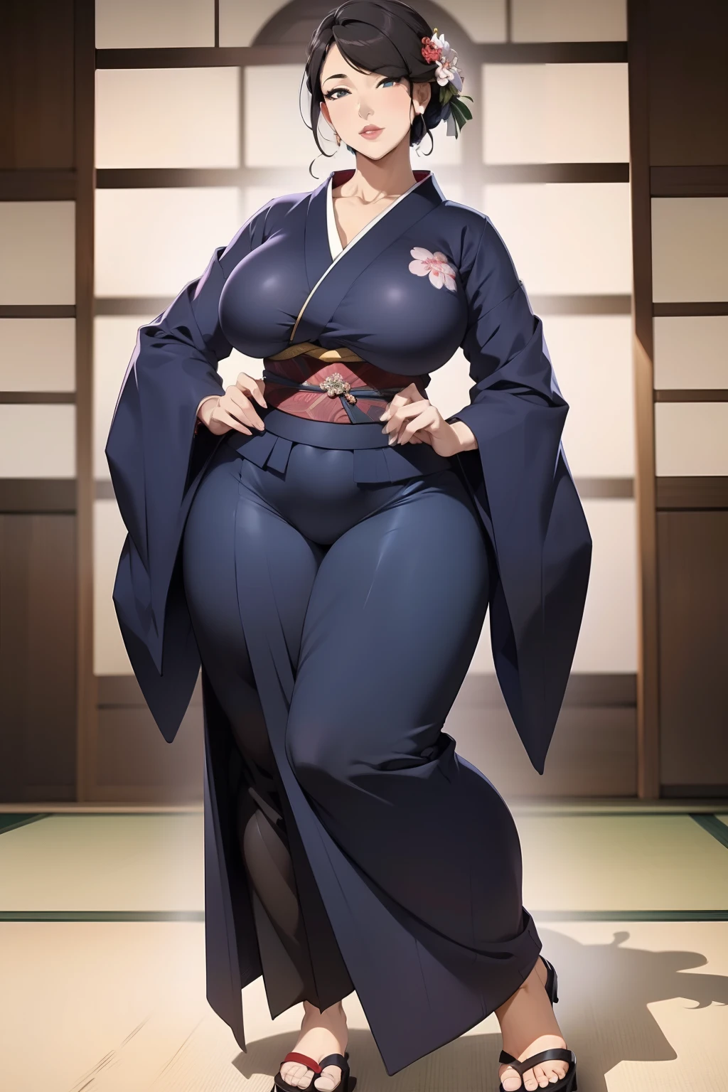 (masterpiece, best quality, highly detailed), 1girls, big belly, huge belly, art by kipteitei, round belly, chubby, curvy, belly grab, enormous belly, fat belly, thicc, bigger belly, really big belly, jiggly belly, glasses, japanese traditional clothes, tight breasts, long legs, tall, high heels, smug face, ((full body)), (dominant)