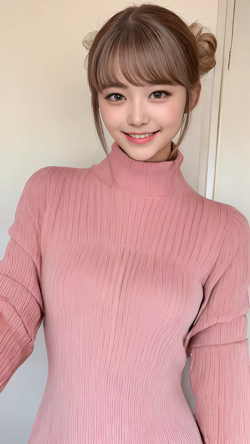 (Best quality images, 8K, Masterpiece: 1.3), 1 girl, Beutiful women，The abdominal muscles are slender: 1.3, (Casual hairstyle, 爆乳: 1.3, High neck clothes 1.1), Yarn dress: 1.1, Ultra-fine face, Delicate eyes, Double eyelids, Smile, hometown