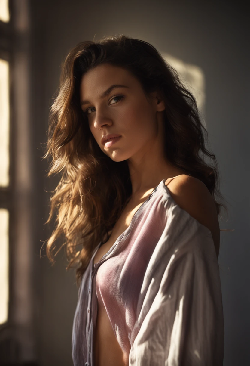 1 beautiful young woman, cleavage off shoulder oversized shirt, dramatic lighting, shadow, 8k, analog, bokeh, photorealistic, realistic, (Gabriel Dawe, Greg Girard)
