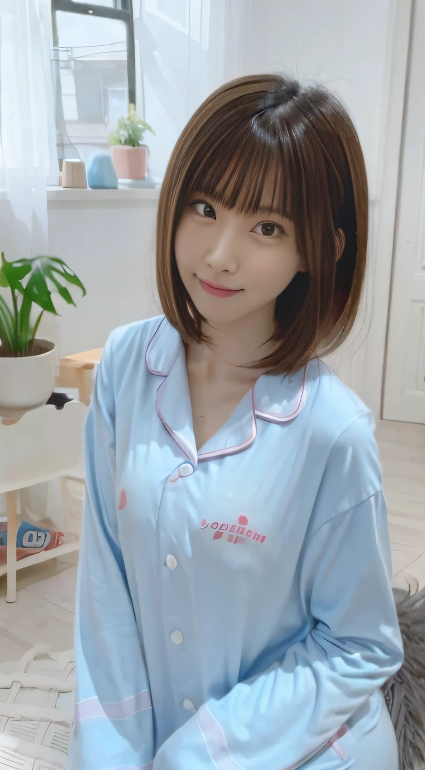 158cm D cup College student living alone。20yr old，A dark-haired，Young features，Literary girl，Philosophy，，夏天，Short sleeve pajamas，up of face，grin,White teeth,close up,