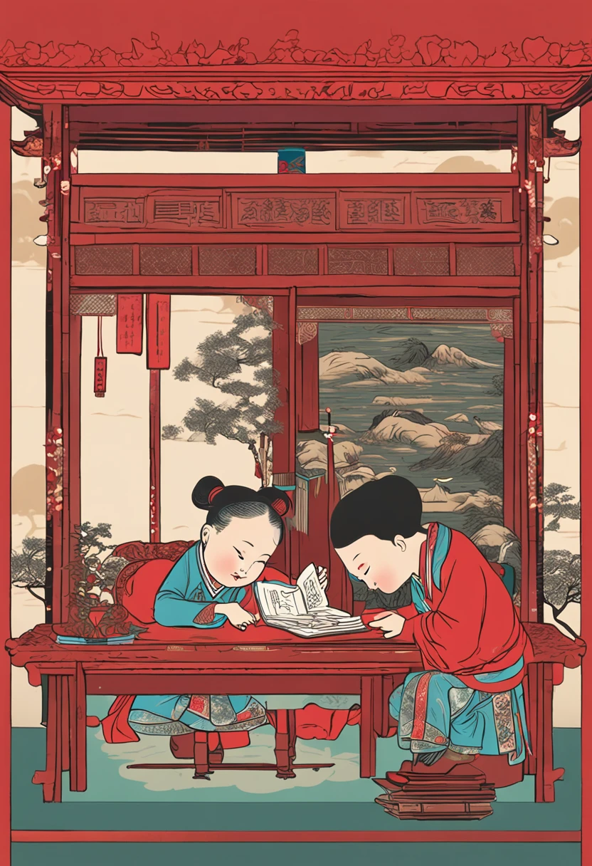 The young Xiucai of the ancient Qing Dynasty in China was reading a book of poetry,He was 20 years old,In front of him is a desk,There is a red lantern above the desk。There was a stack of books on the desk,Pen, ink and paper。