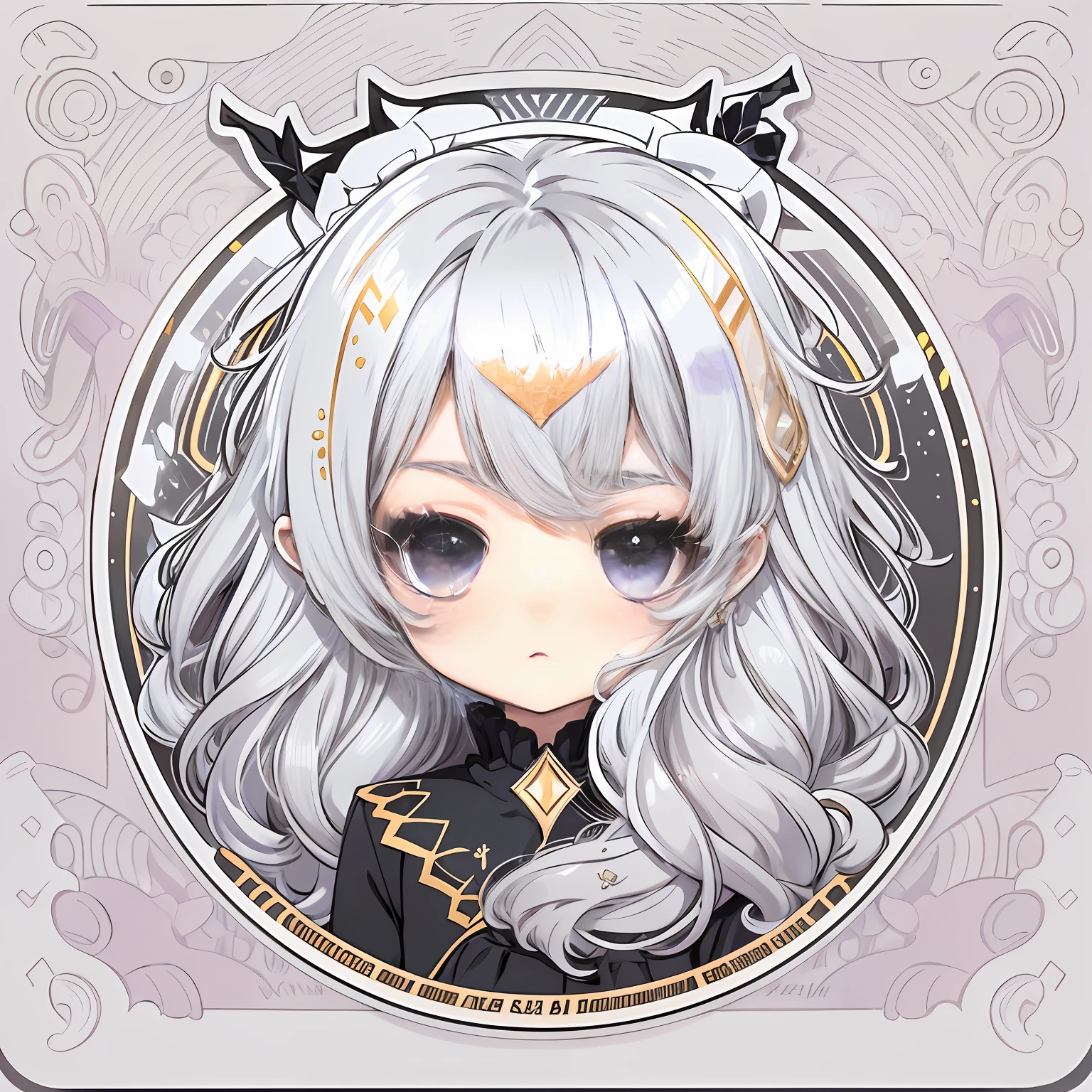 Sticker, Cute anime girl head, long layered silvery white hair,Light purple eyes，Black dress，Color pigments，Black princess dress，in circle, White background, Gold border，Simple, Ultra detailed, Detailed drawing, vectorised, Silhouette, 8K, professional sticker design, Flat design, Vector lines, Sticker, Drawing, Drawing, Full-HD