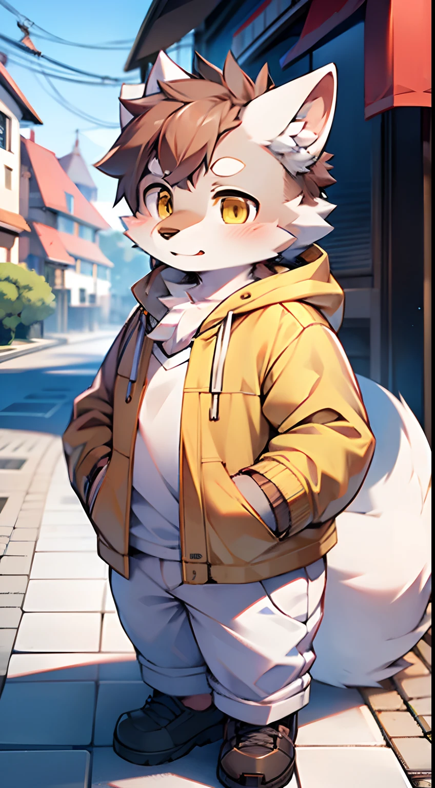 shaggy，grey fur，male people，canid，arctic fox，solo person，sharp talons，Detailed fur，Golden eyes，Thick eyebrows，Fluffy tail，Chubby body，Yellow trench coat，white jean，ultra - detailed：1.0，On the street，detailedbackground，Libido boy，toddlers，（Via Dagasi：1.1），anatomy correct