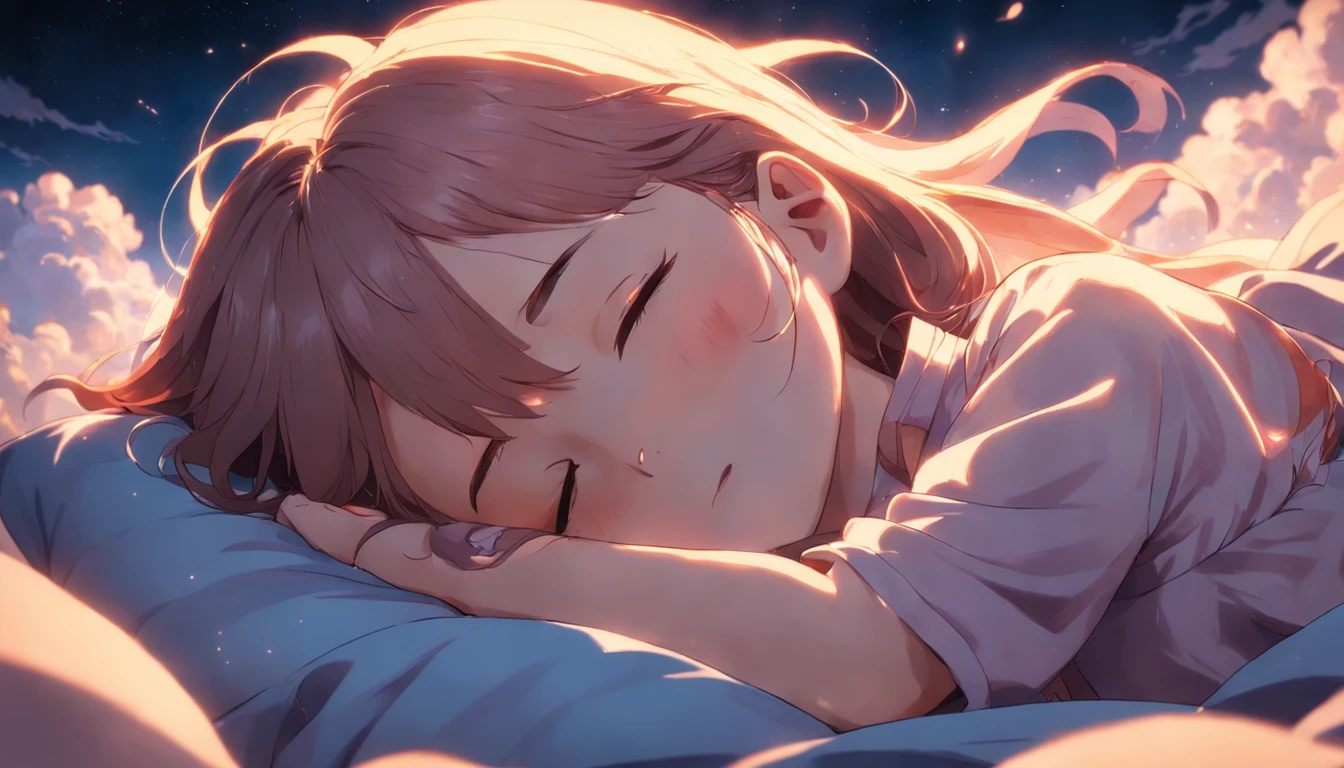 masterpiece, Highest Quality, MovieSteel, 1woman, Cloud Girl, Floating in the sky, close-up, brightness, happiness, Warm and soft lighting, sunset, Sleeping, Sleep on your stomach, sleep, eyes closed. (sparks:0.7)