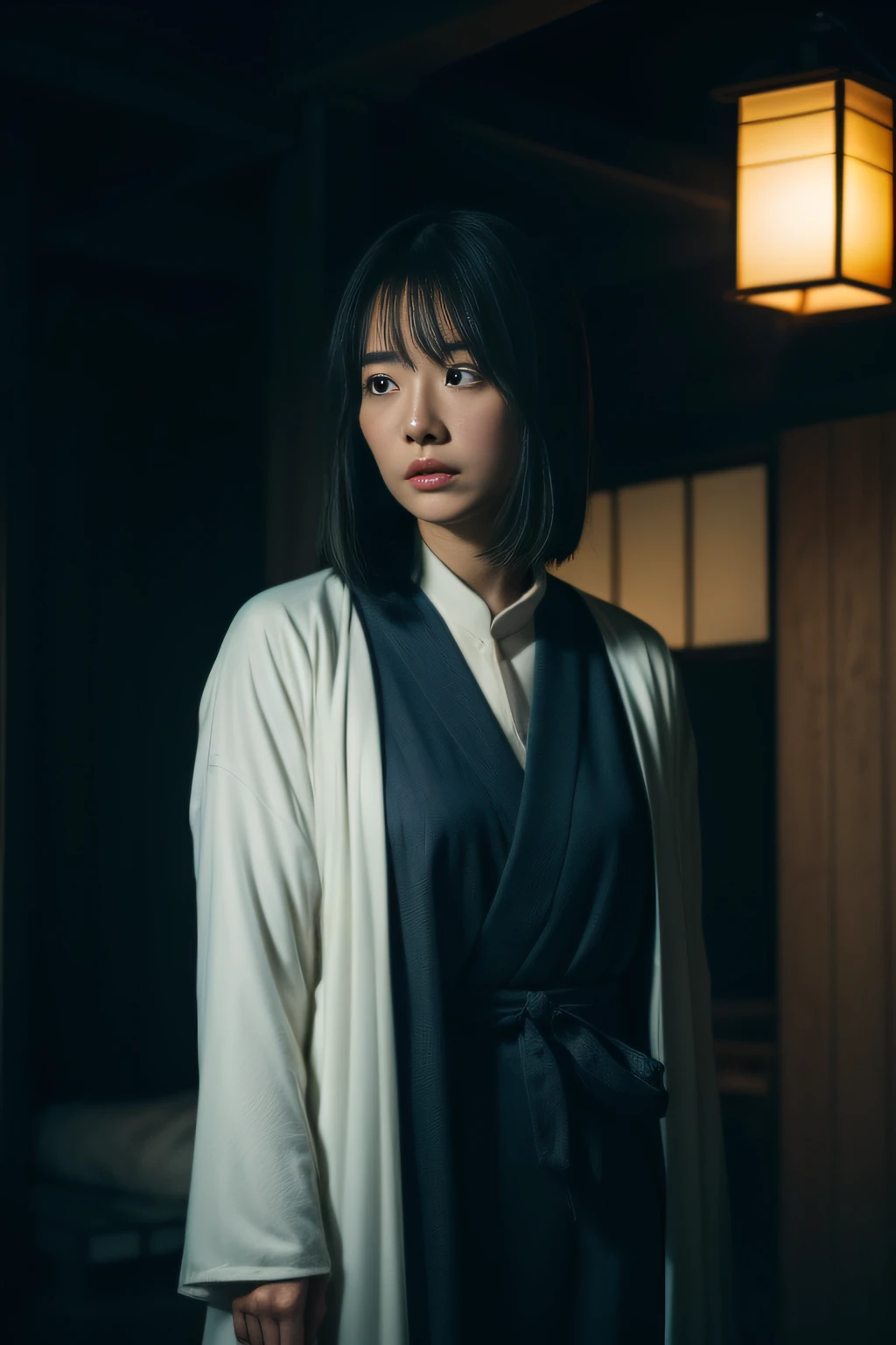 (masterpiece、high-level image quality、hightquality)、(The ghost of a young beauty)、Female Ghost Story,(Japan Ghost Story、Spirit、Psychic phenomena)、Stray Spirits、Amazing beauty、爆乳、Excellent style、Mind-boggling images、She looks like a model actress in Japan.Glossy、full body Esbian、Release cold air、Chill、 Beauty Yokai、dimmed lights.lantern、canny、vhorrified、Japanese houses、Darkness of the night、((fiction、Horror Pictures、ghosts、aura、Psychic Photography))、Sadako and Yotsuya's ghost story is bad、(Earthbound Spirit、The spirit of resentment、Color Spirits),Cemetery of Japan、Japan hell、flawless、