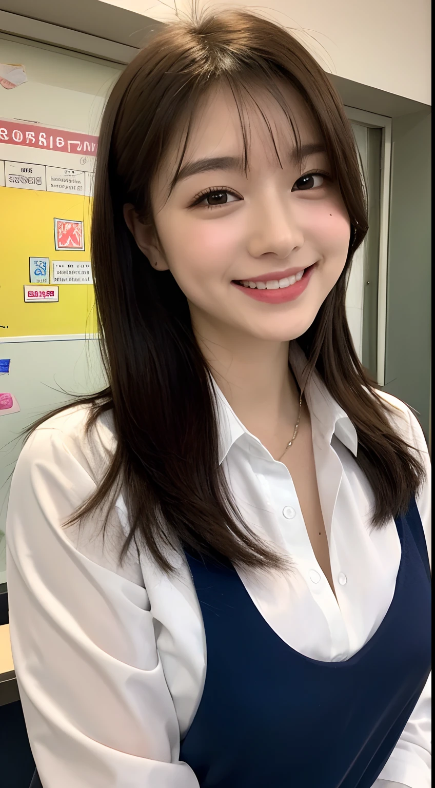 4K, LDR, best quality, masterpiece, high detail, super high resolution, digital photography, film lighting, perfect light, studio lighting, (fujifilm color:1.2) portrait, wide viewing angle, professional, (photography: 1.2), (dynamic pose: 1.1), (close-up), looking at the audience, 1 girl, solo, smiling brightly, delicate face, clear facial details, medium breasts, wide hips, classic wavy long hair, (FSB:1.3, Frosuke: 1.3)), (white shirt), (pink bra)), bow, (light pink pleated skirt), school uniform, short sleeves, bangs, outdoor, collared shirt, sitting in the library with bookshelf in the background, front fill light, bright smile of a girl reflected in the light