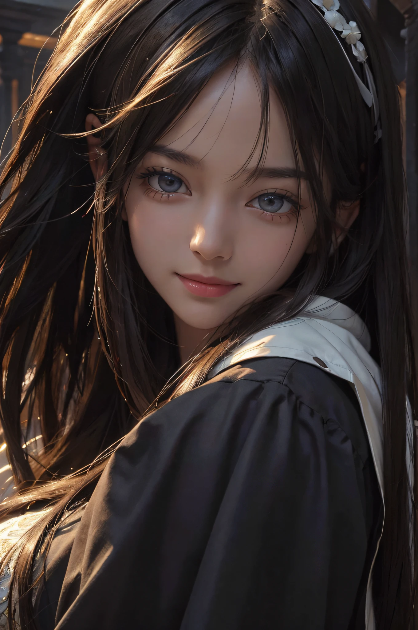 (Ultra Realistic), (Illustration), (Increased Resolution), (8K), (Extremely Detailed), (Best Illustration), (Beautiful and Detailed Eyes), (Best Quality), (Ultra Detailed), (Masterpiece ), ( wallpaper), (detailed face), solo, 1 girl, looking at viewer, fine details, detailed face, in the dark, deep shadows, low key, pureerosfaceace_v1, smiling, long hair, black shawl straight hair , 46 points oblique bangs