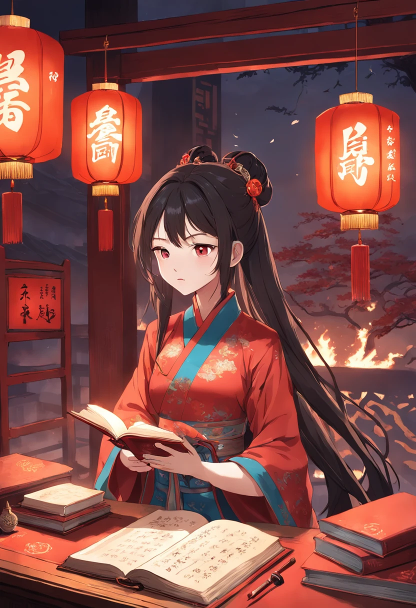 best qualtiy,tmasterpiece,style of anime,The young Xiucai of the ancient Qing Dynasty in China was reading a book of poetry,He was 20 years old,In front of him is a desk,There is a red lantern above the desk。There was a stack of books on the desk,Pen, ink and paper。