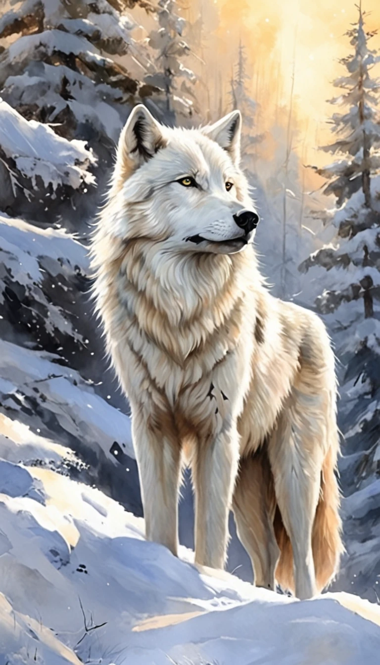 "Majestic white wolf standing in snow-covered landscape, Unleash an aura of beauty and power."