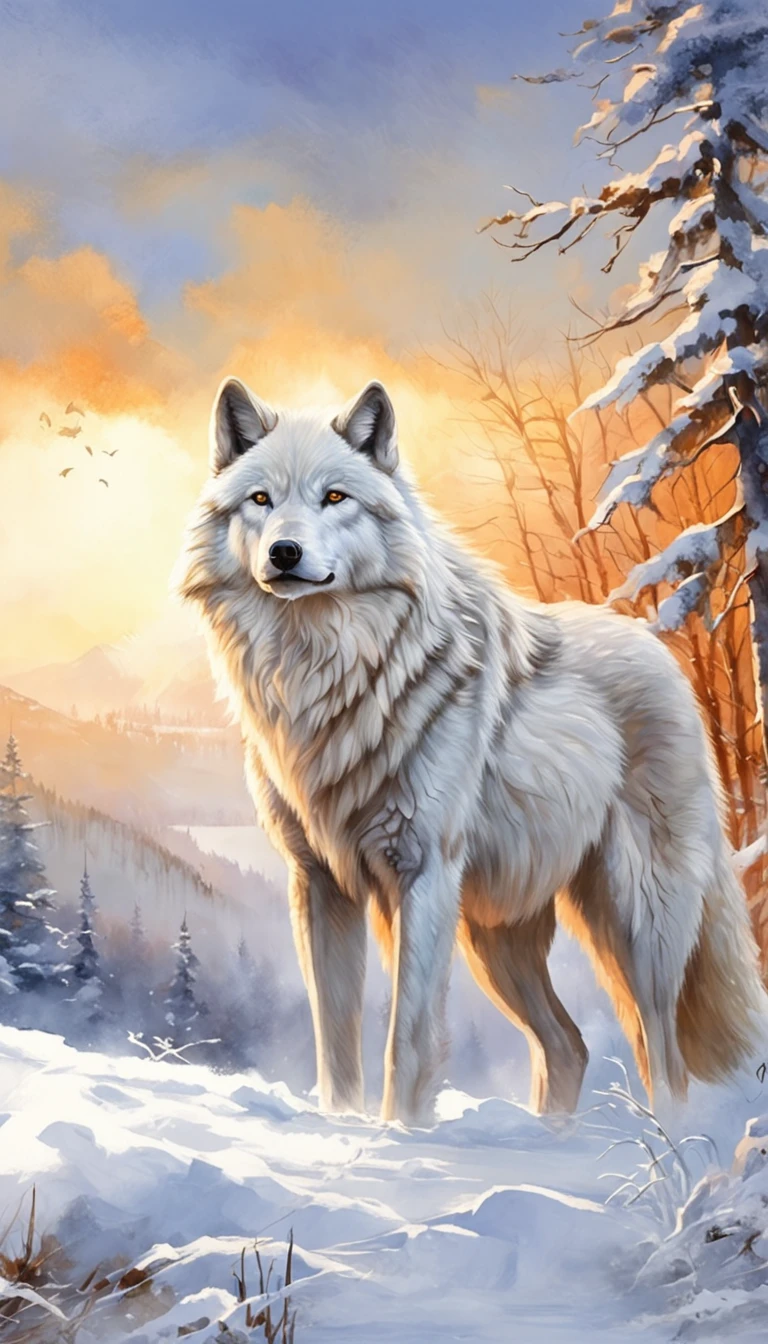 "Majestic white wolf standing in snow-covered landscape, Unleash an aura of beauty and power."