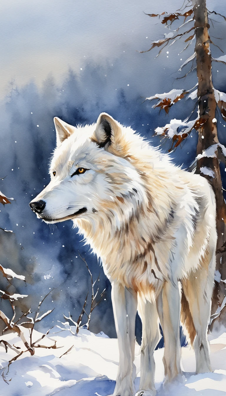 "Majestic white wolf standing in snow-covered landscape, Unleash an aura of beauty and power."