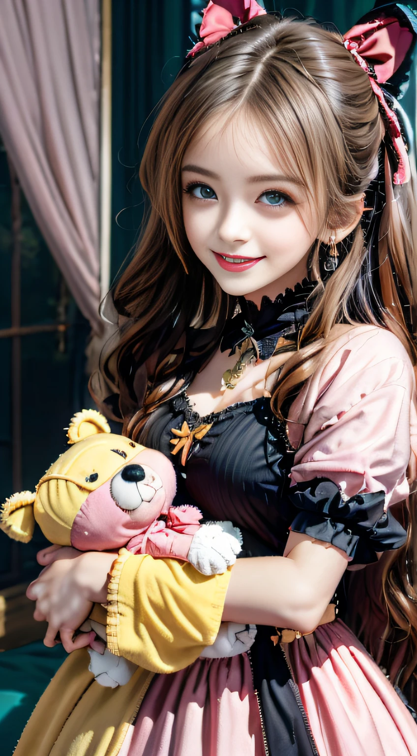 1girl in, Photo, masutepiece, Bedroom Sveta Lolita in Gothic Gothic interior, Yellow dress fabric,  Cheek heart-shaped, Blush pink makeup, mitts, Smile, Pastel color, opulent, Broderry, hugging stuffed animals, Bokeh,