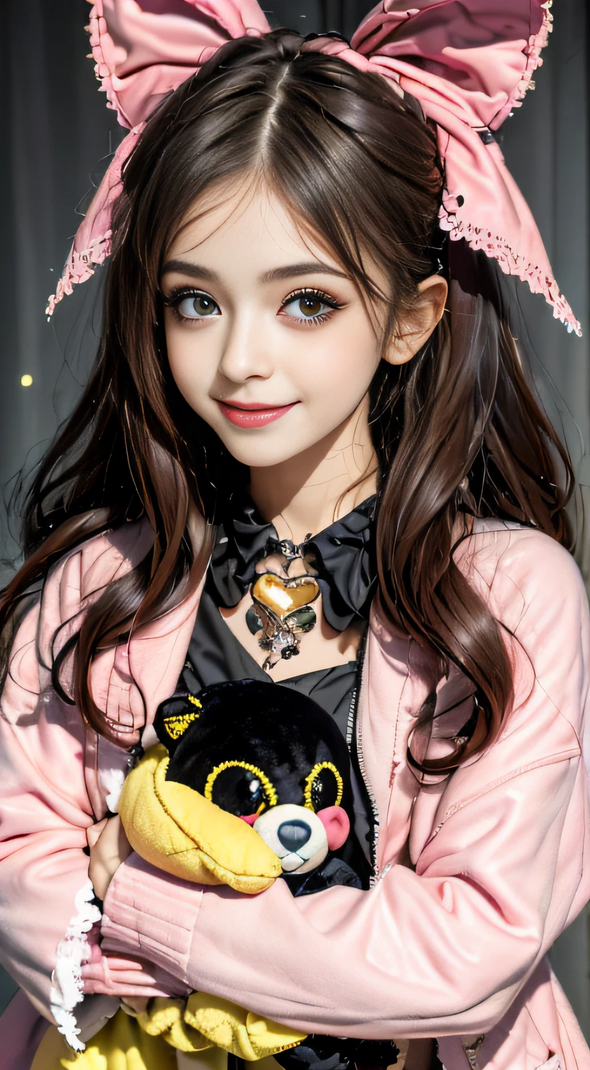 1girl in, Photo, masutepiece, Bedroom Sveta Lolita in Gothic Gothic interior, Yellow dress fabric,  Cheek heart-shaped, Blush pink makeup, mitts, Smile, Pastel color, opulent, Broderry, hugging stuffed animals, Bokeh,