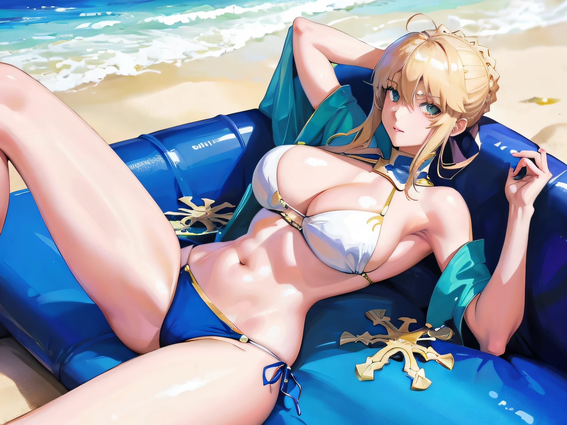 (Masterpiece:1.4), (Best quality:1.4), Realistic, 1girll,gigantic cleavage breasts,Artoria Pendragon \(fate\) , Clear bikini, beach,laying on,spread their legs,tit