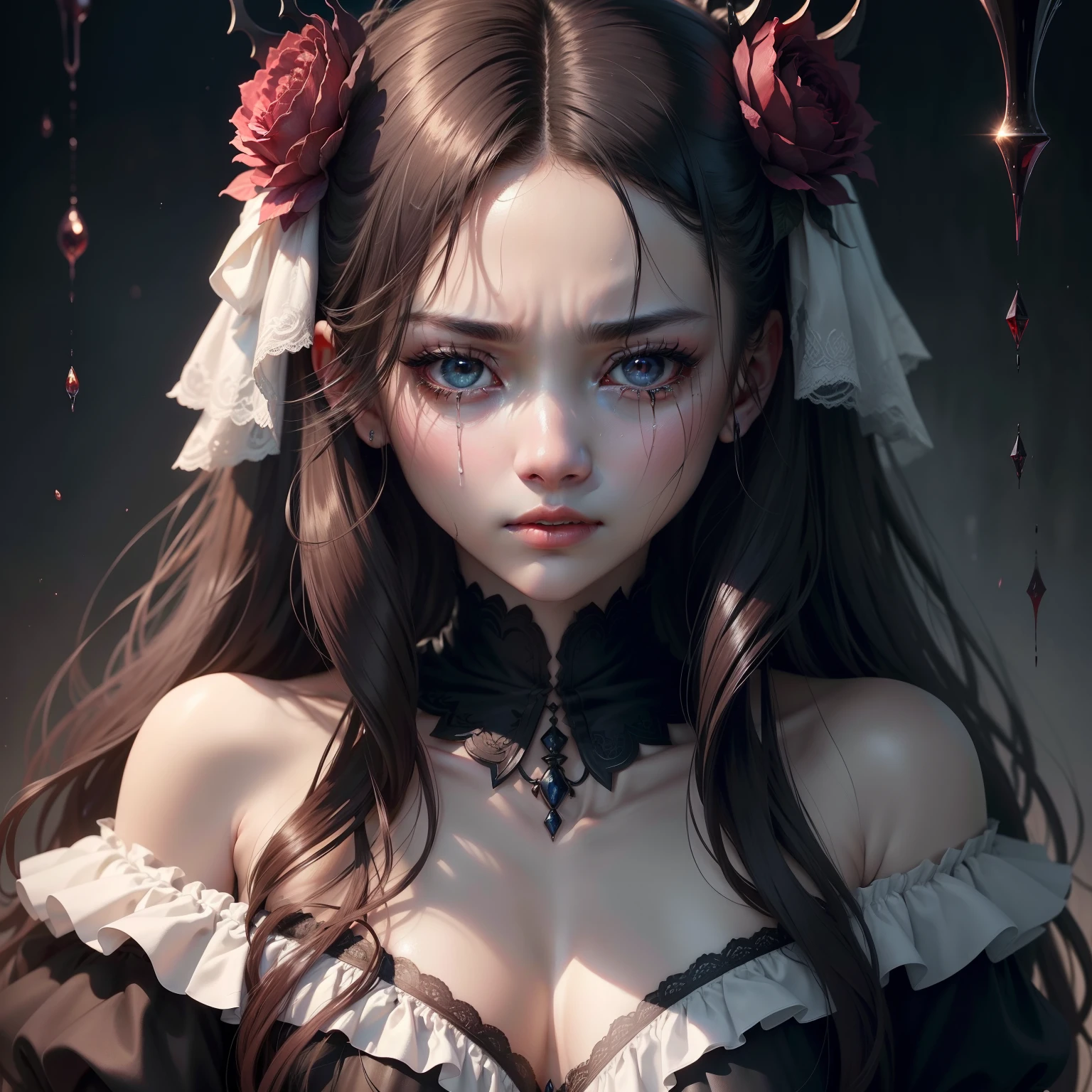 (tmasterpiece、Top quality、best qualtiy、Beauty and aesthetics、1.2)、Hell behind the abyss ahead、(1girll)、Rich colors、Bloody fierce light、face drawn and pale、Frightened、Face despair、unhelpless、Collapsed to the ground、At the mercy of you、shy、irate、weeping、streaming tears、Most detailed