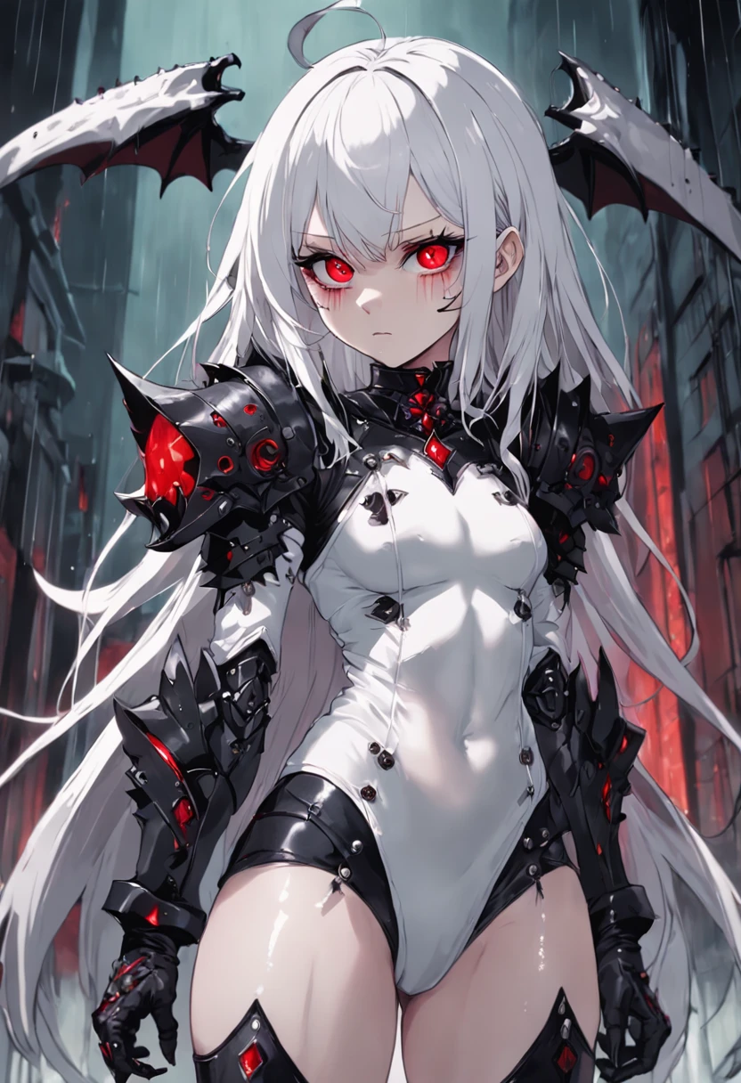 ( spicy power armor  girl gothic style), mascara , best quality, sharp even fangs , teeth ,light, rain,girl vampire, in a dark fantasy setting, white hair, red eyes, jade like white skin, black armor wore under a white suit. Add a monster as a pet, fullbody shot of a female punk ornate angry reptiloid, black possessed eyeballs, possessed eyes, imperfect wet skin, anthropomorphic, fashionable, cool, outdoor photography, bright studio light, ultra-high contrast, deep black sharp contrast shadows, AO, professional, realistic, photo, 8k, ISO 80, 70mm lens, depth of field, 35mm film, by Lillian Bassman