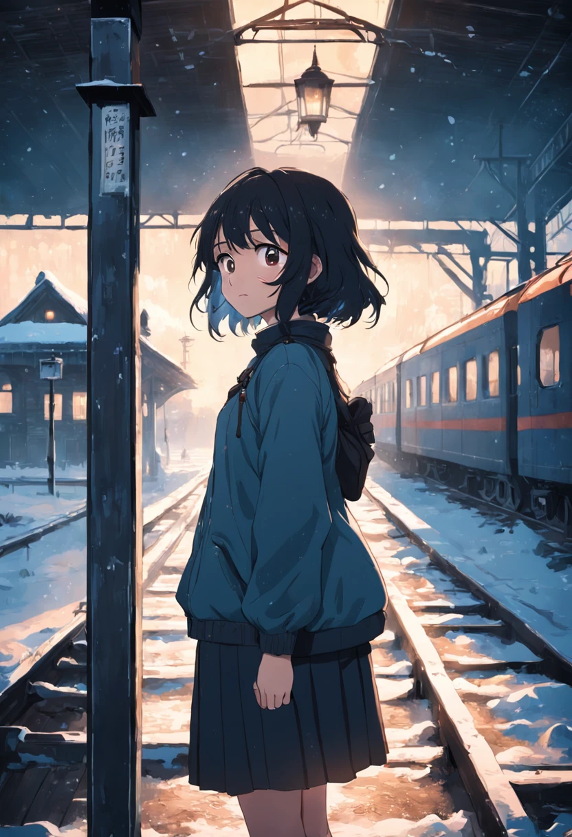A beautiful girl standing alone at the ticket gate of an old train station in the countryside, looking into the distance as if waiting for a train. very beautiful face. Lonely laughing.
The snow is falling quietly. upper body.