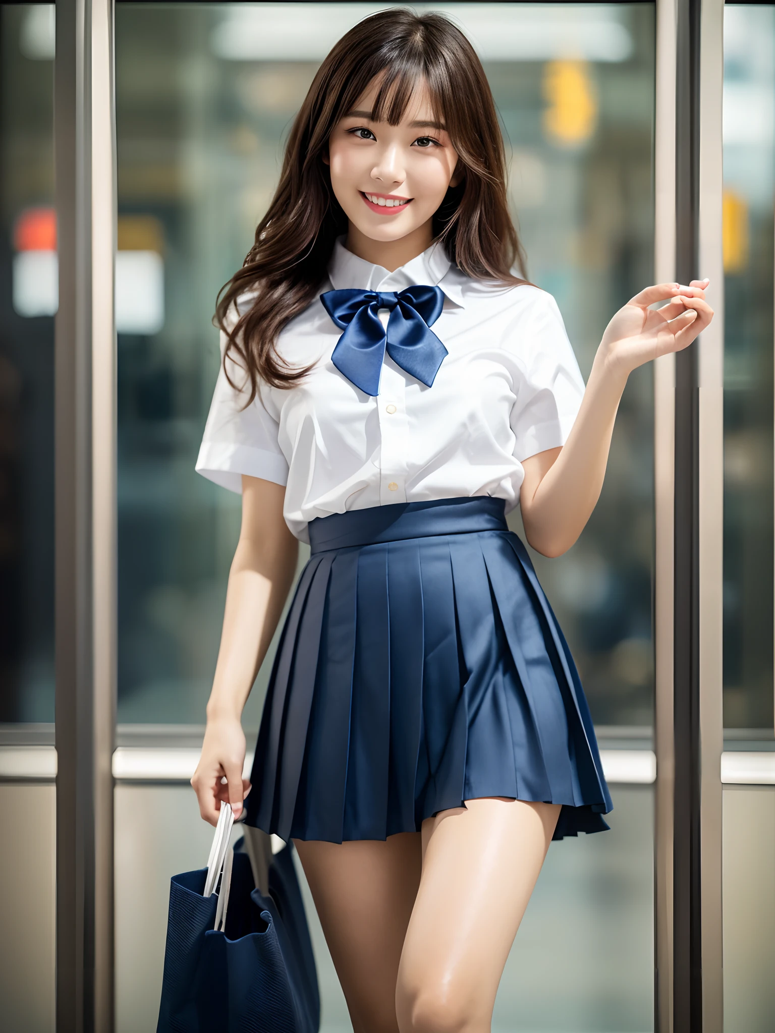 (masterpiece、highest quality、ultra high resolution、8K)、(1 very cute girl:1.3)、naive girl、(perfect anatomy:1.1)、(wavy hair:1.1)、(big breasts:1.2)、(emphasize the bust line:1.2)、(high school white shirt:1.2)、(navy pleated skirt:1.2)、(Uniform ribbon that fits perfectly on the chest:1.2)、(Beautiful glowing skin:1.2)、Moist eyes、Brown glittery hair、Colors and landscapes of youth、feelings of love、outside、A shy smile looked at me、(very bright and refreshing:1.2)