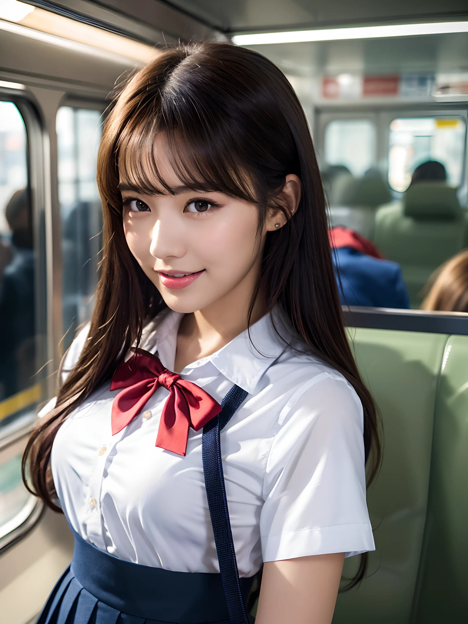 masterpiece, close up shot of a face, front view, 1 woman per 1 photo, a Japanese young pretty woman, hyper pretty face, 18 years old, staring at a city view on the train while carrying a tote bag on her shoulder, big smile, glamorous figure, wearing a short sleeves silky white collared shirt with shiny satin red plain bow tie, wearing a dark blue pleated long skirt, glossy lips, double eyelids in both eyes, natural makeup, long eyelashes, shiny smooth light brown hair of medium length, asymmetrical bangs, tanned skin, wearing a dark blue pleated skirt, head in the frame, central image, 8K resolution, high detail, detailed hairstyle, Detailed Face, spectacular cinematic lighting, octane rendering, vibrant, hyper realistic, perfect limbs, perfect anatomy