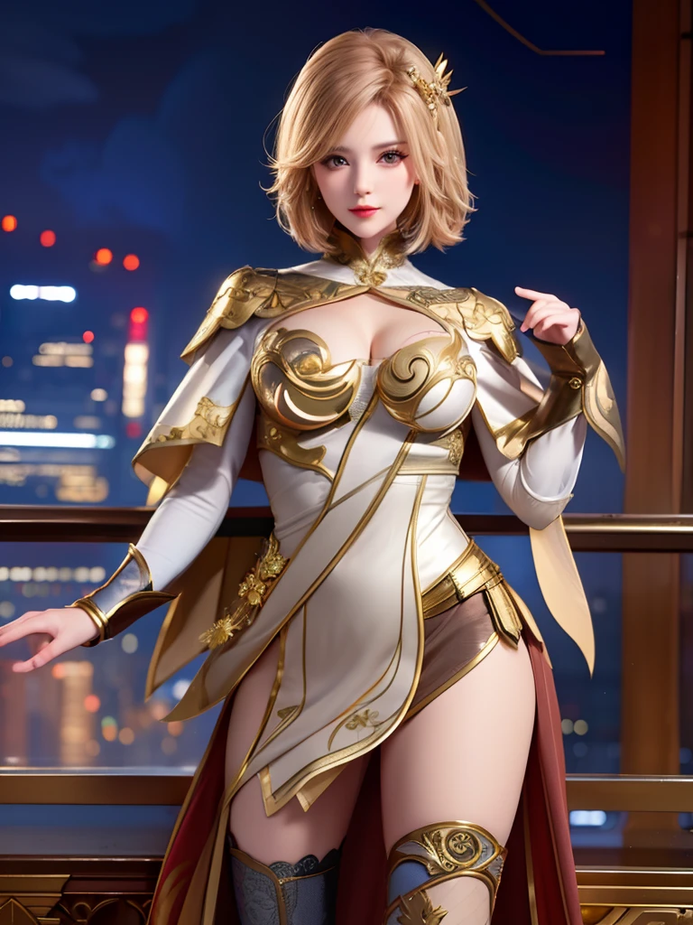 1girl, mature female, looking at viewer, cityscape, night,armor,hair ornament, thigh boots, asymmetrical clothes,short capelet, gold trim,multicolored dress,