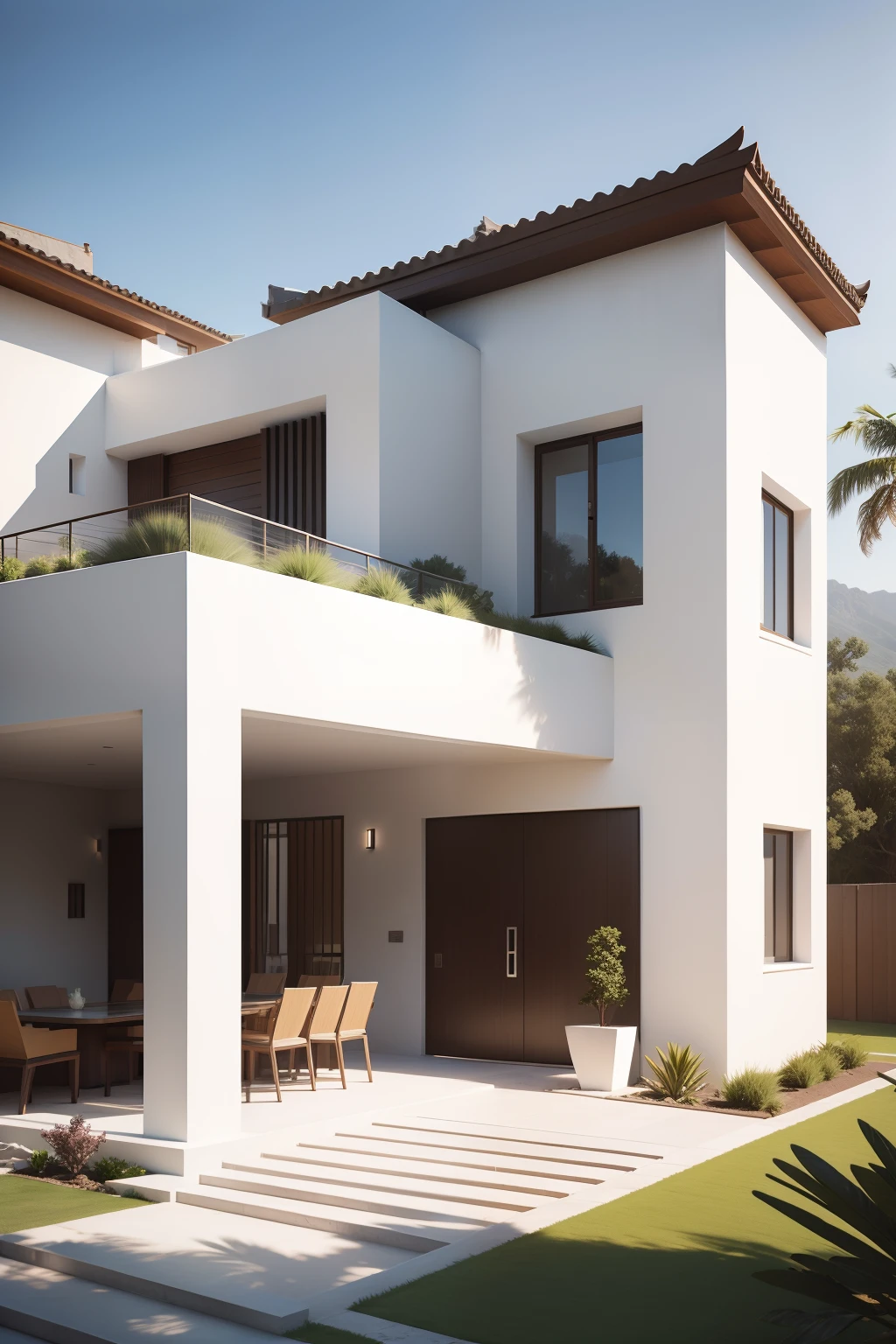 Hyper realistic photo, exterior view, 55mm focal length, a contemporary villa made of cut stone, spanish style, modern elegant --style raw